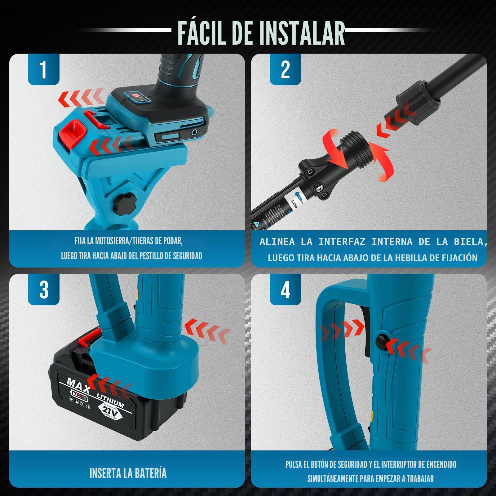 Podadora de pértiga inalámbrica 4 en 1 con mango telescópico - Motosierra de 6 pulgadas + tijera de podar de 32 mm + tijera de podar - Ángulo ajustable 180° - 2 baterías de 2,0 Ah para corte de árbole