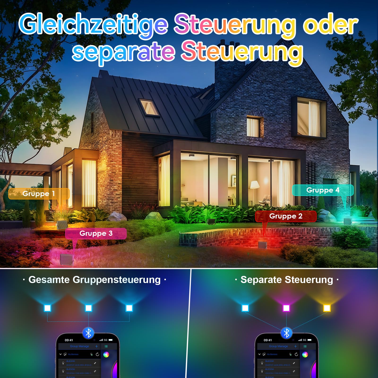2 Stück RGB Strahler Outdoor 150W,LED Strahler Bunt Mit Bluetooth APP Und 2.4G Fernbedienung,IP66 Wasserdicht Farbwechsel Dimmbar Fluter für Halloween,Weihnachten,Party