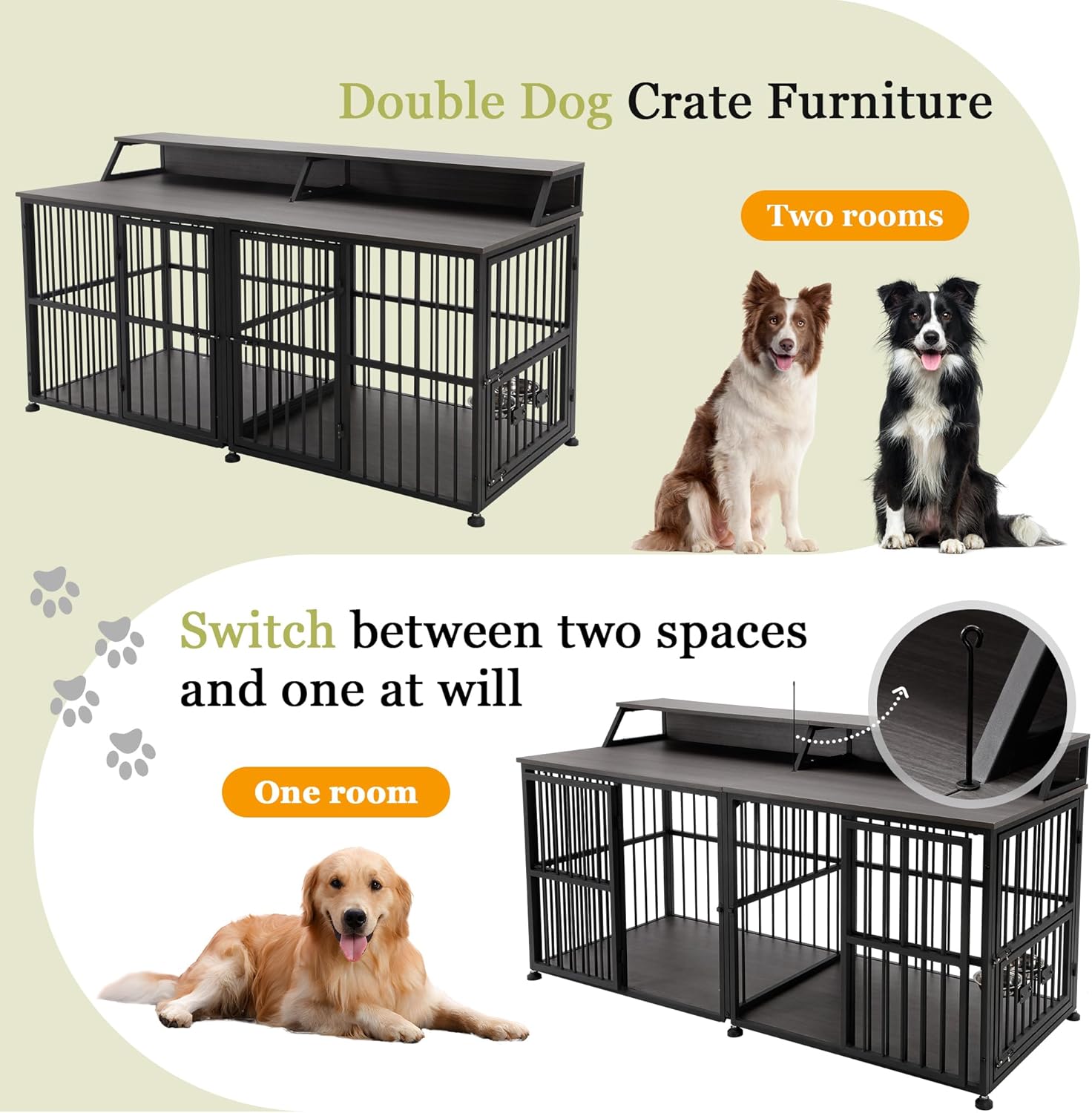 72 Inch Dog Crate Furniture for 2 Dogs, Wooden Dog Kennel Furniturewith Storage Shelf & Bowls, Heavy Duty Dual Dog Kennel End Table, Sturdy Dog Cage Furniture Dog Crate with Divider