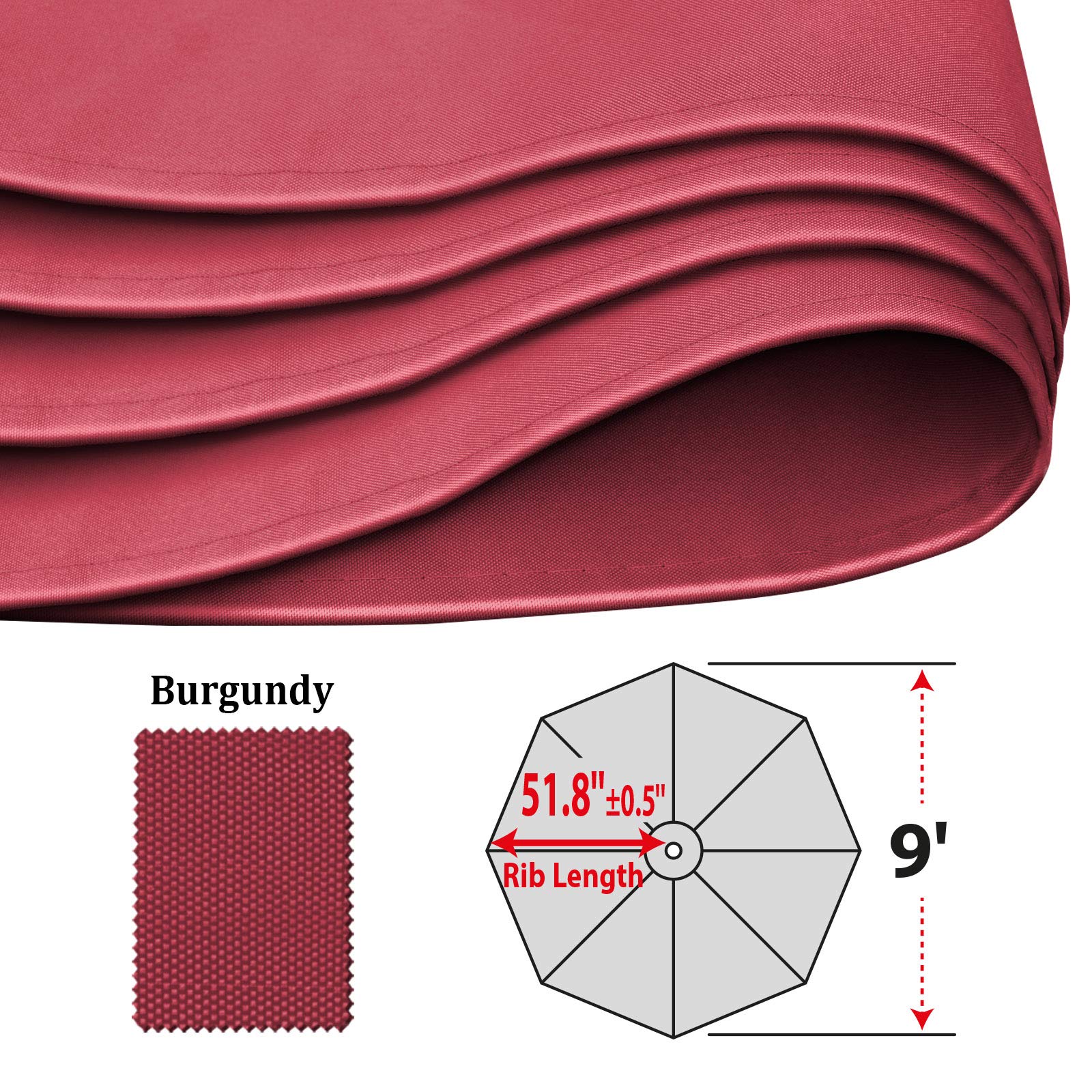 Toldo de repuesto para sombrilla de 9 pies y 8 costillas para patio, color borgoña 6