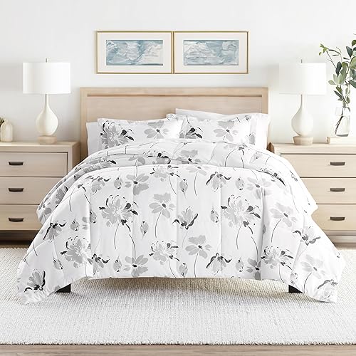 Miniatura 4 de Linen Market Juego de edredón prémium con patrón de magnolia alternativa, tamaño KingCalifornia King, color gris claro