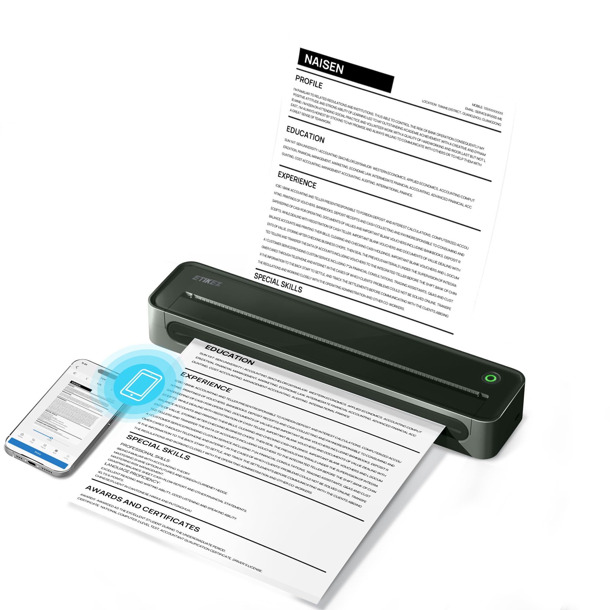 ETIKEZ D90E Portable Printer Wireless for Travel, Bluetooth & USB Inkless Printer Supports 8.5"x11" Thermal Paper, Compatible with Phone Laptop for Home Car Office School with Carry Bag, Dark Green