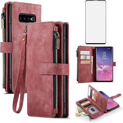 Asuwish Funda de teléfono para Samsung Galaxy S10 Plus Funda tipo cartera y protector de pantalla de vidrio templado Funda de cuero con tapa para