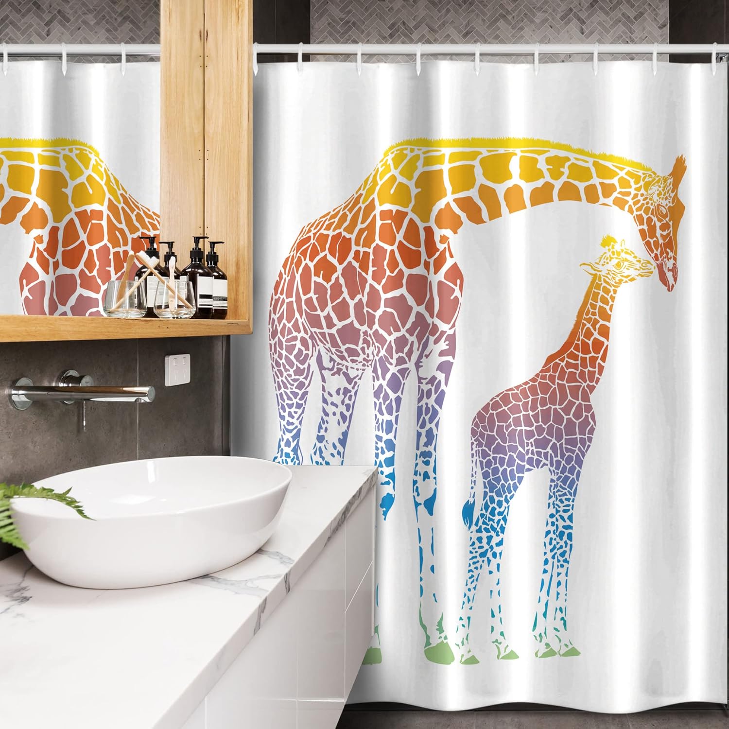 Ambesonne Giraffe Stall Shower Curtain, Mom Giraffe in Rainbow Colors Abstract Art Surrealist Image of Animal, Fabric Bathroom Decor Set with Hooks, 54" W x 78" L, White Multicolor