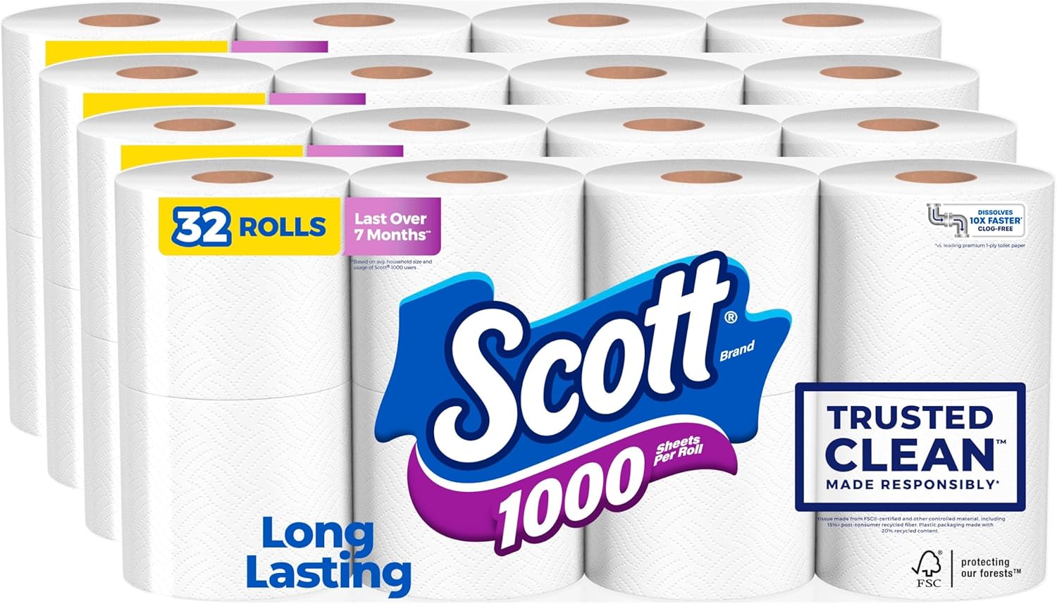 Scott 1000 Trusted Clean Toilet Paper, 32 Rolls, 1-Ply Septic-Safe, 1000 Sheets Per Roll - Clog-Free & Long Lasting