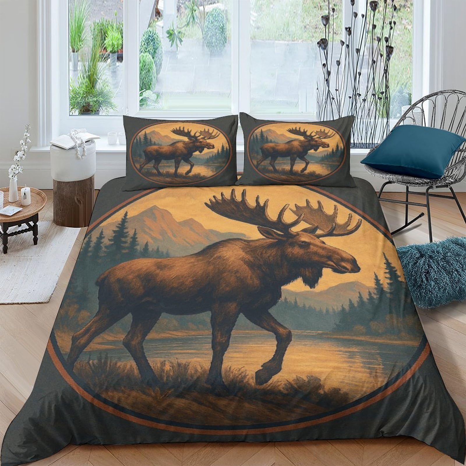Ctjqhvkz Style-9 3D Printed Moose Forest Fitted Sheet Microfiber Soft Brown Animal Lake Bed Cover For Bedroom Guest Room Mattress Protection Single（135X200cm）