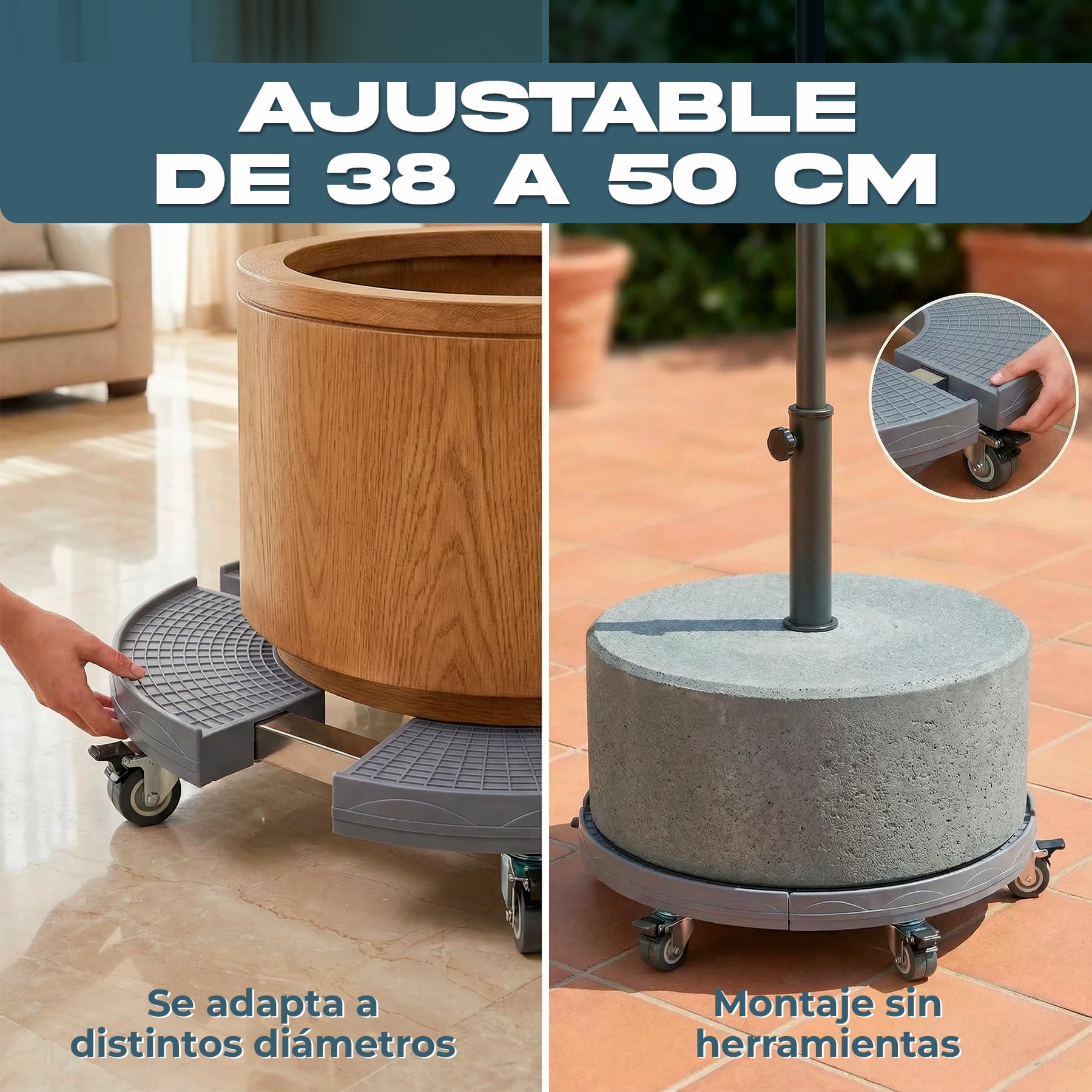 Base Redonda Ajustable 38-50 cm con Ruedas 300 KG – Plataforma Soporte ABS Alta Densidad + Acero Inoxidable – 4 Ruedas Dobles 360º con Freno – Para Macetas Grandes, Bombona Butano (SOPORTE + 4 RUEDAS)