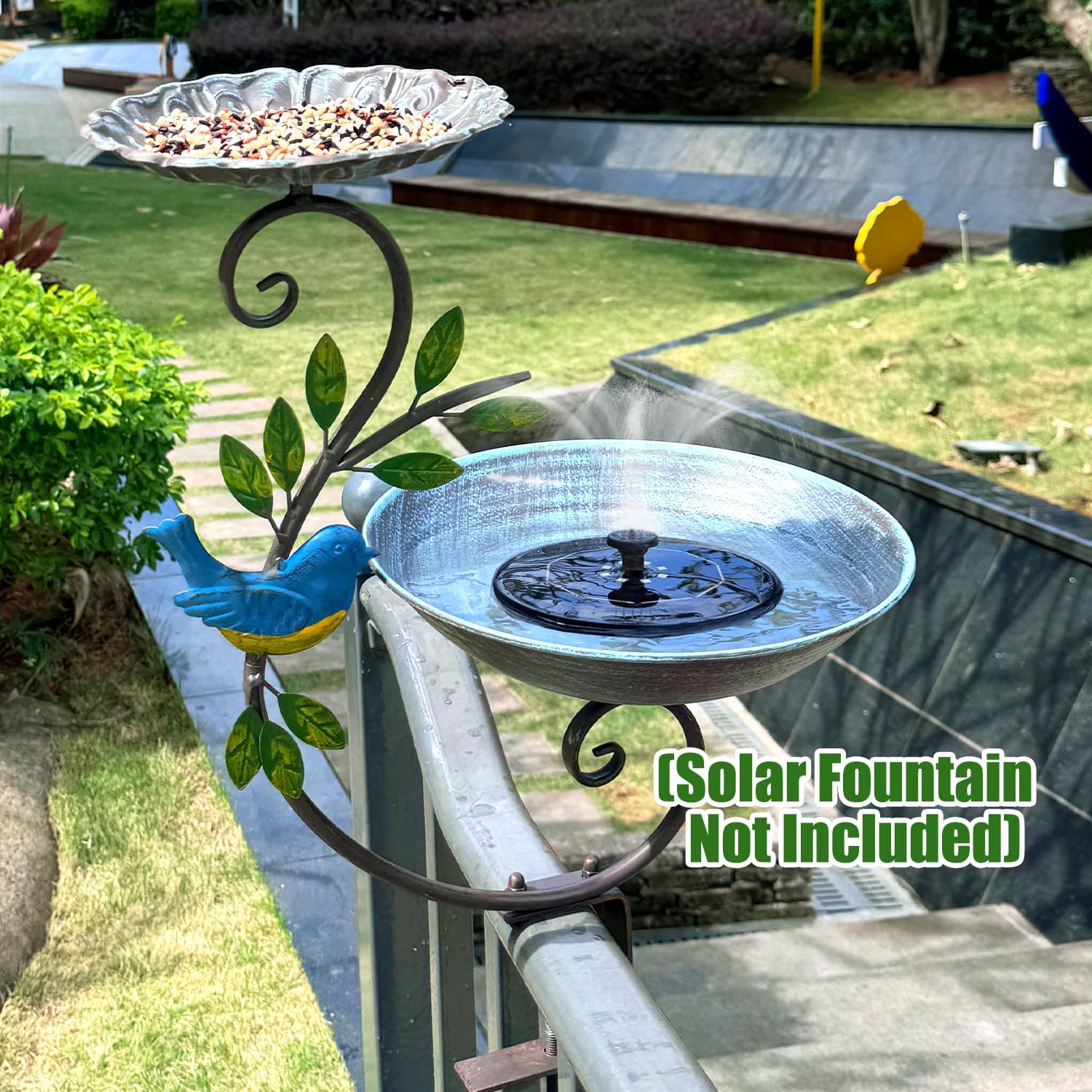Deck Mounted Bird Feeder and Bath for Railing, Balcony 2-in-1 Outdoor Metal Birdbaths, Adjustable Heavy Duty Clamp for Porch Garden Decor Yard Lawn