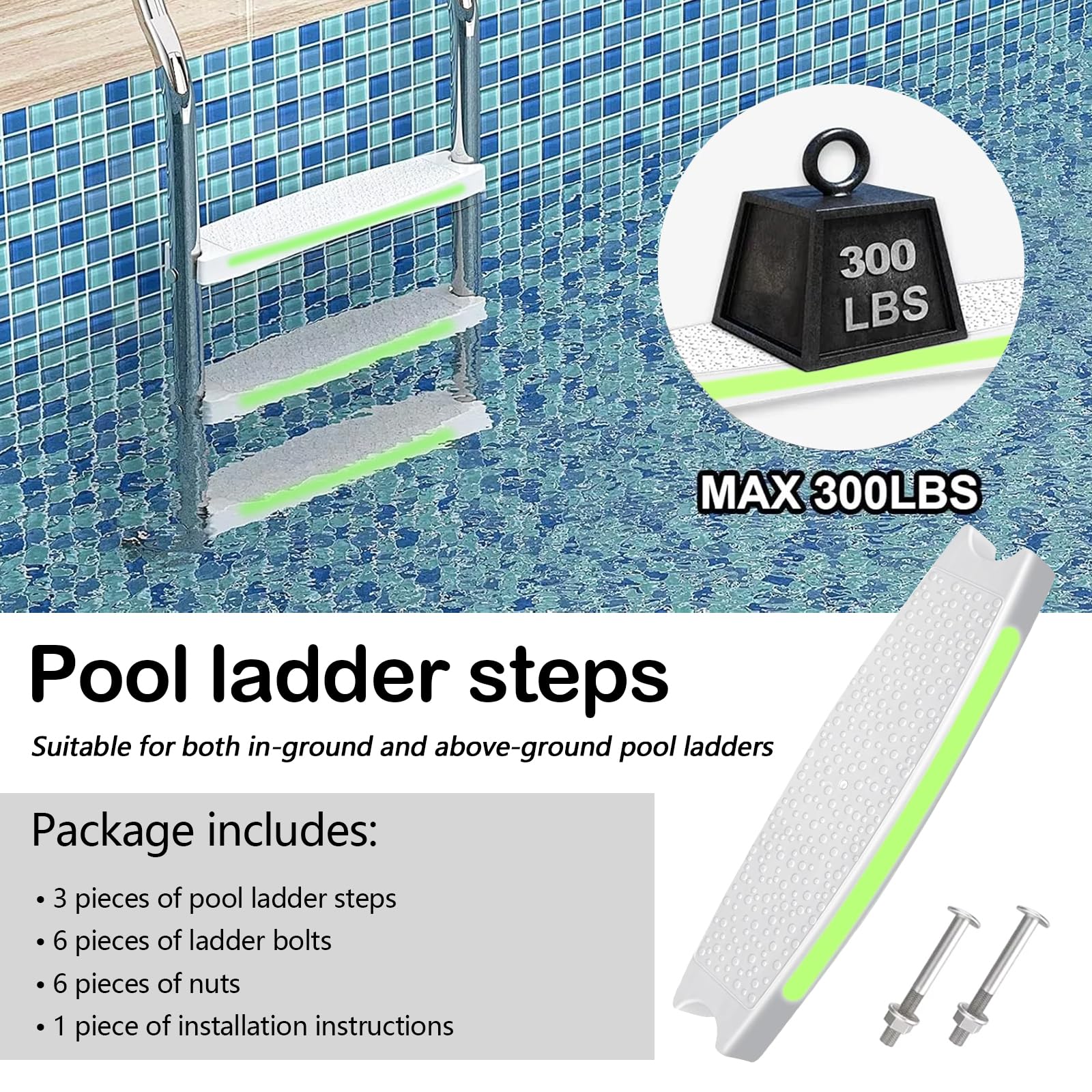 Scalini per Piscina, Gradino per Scaletta di Ricambio per Piscina 3pz Gradini per Scaletta con Strisce Riflettenti per Piscina per la Maggior Parte delle Scale Interrate e Fuori Terra