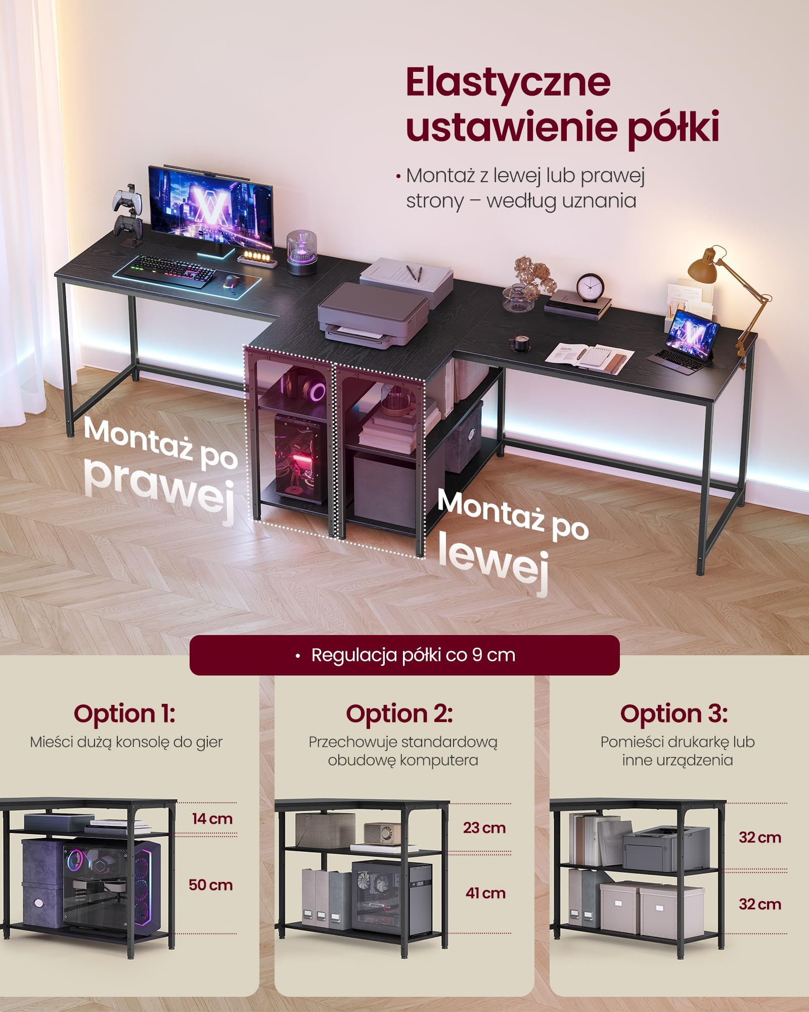VASAGLE Biurko narożne w kształcie litery L, biurko komputerowe z miejscem do przechowywania, dwustronne półki z regulacją wysokości, do domowego biura, 120 x 80 cm, hebanowe czarne LWD136BE01