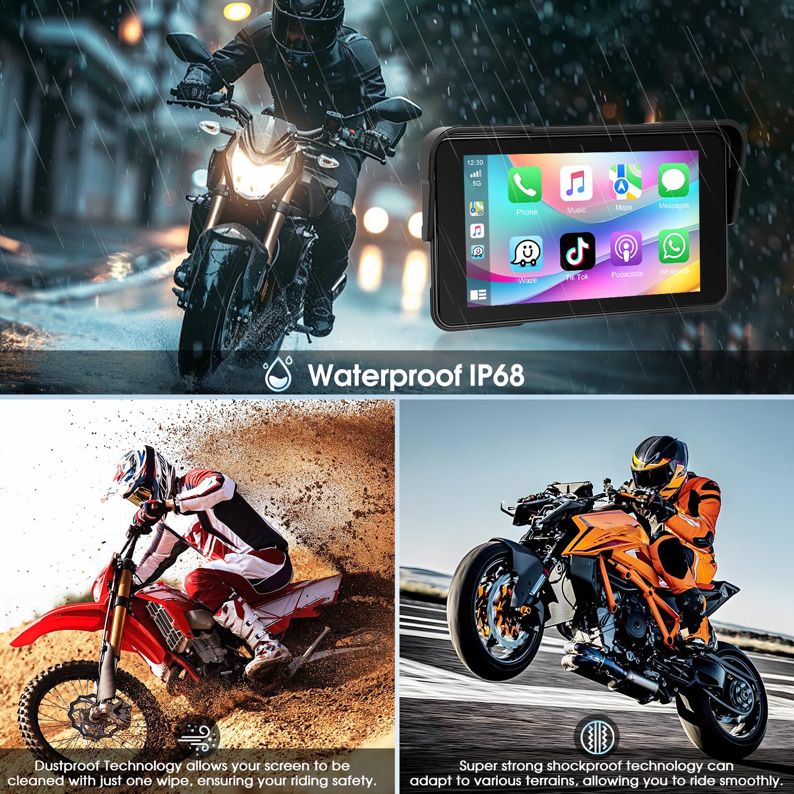 A-pple CarPlay Display Moto Android Auto IP68 Touchscreen HD 5 Pollici Autoradio Portatile Navigazione GPS Bluetooth Radio FM
