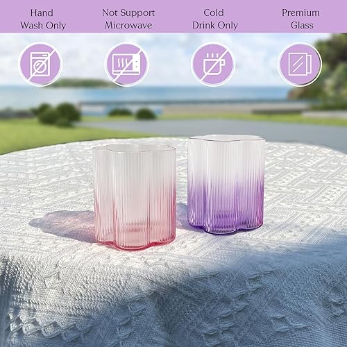 Miniatura 4 de whatAmug Juego de 2 vasos de bebida (7 onzas), juego de cristalería vintage a rayas con diseño de flores, lindo vaso de agua de origami degradado,