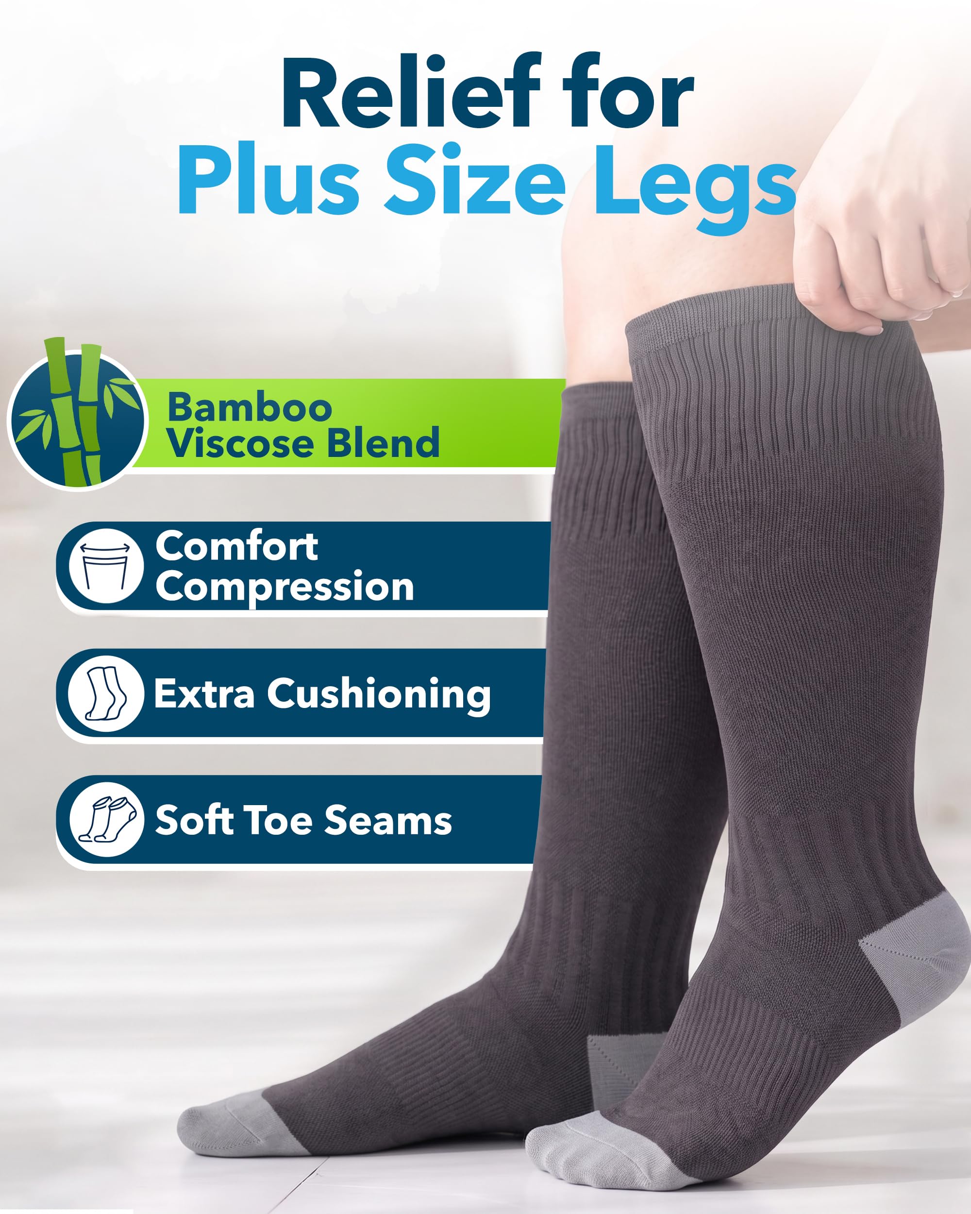 Doctor's Select 3 pares de calcetines de compresión de talla grande, pantorrilla ancha, viscosa de bambú, hasta la rodilla, soporte de circulación, Negro/Gris/Azul marino, XX-Large