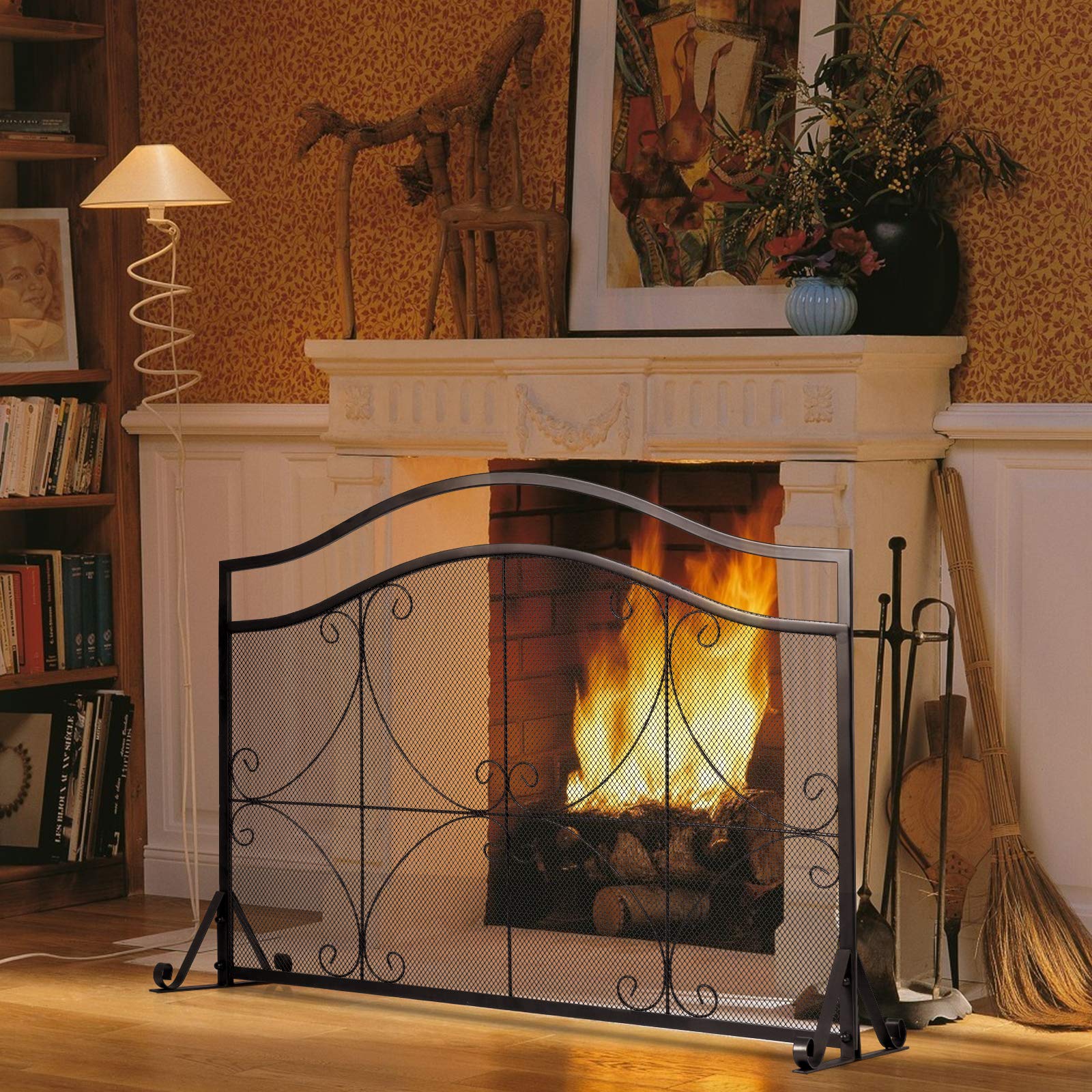 GOPLUS Écran de Cheminée pour Isolation des Étincelles et Cendres, Pare-Feu de Cheminée, Panneau Protection Cheminée Décoratif, pour Salon, Chambre, 113 x 34 x 84 cm, Noir