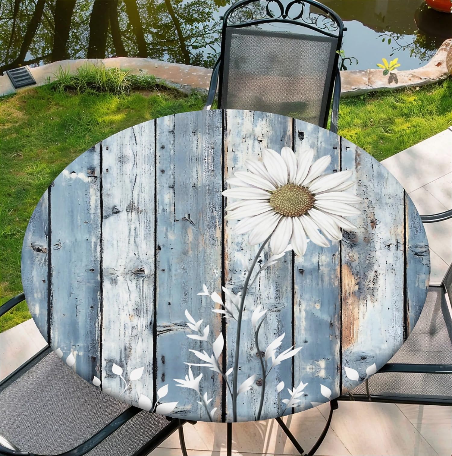 artslion Round 44in Tablecloth with Elastic Fits Tables Size 38"-42", Blue Board Daisy Outdoor Tablecloth, Stain Resistant Table Cover for Kitchen Dining Parties — image 1