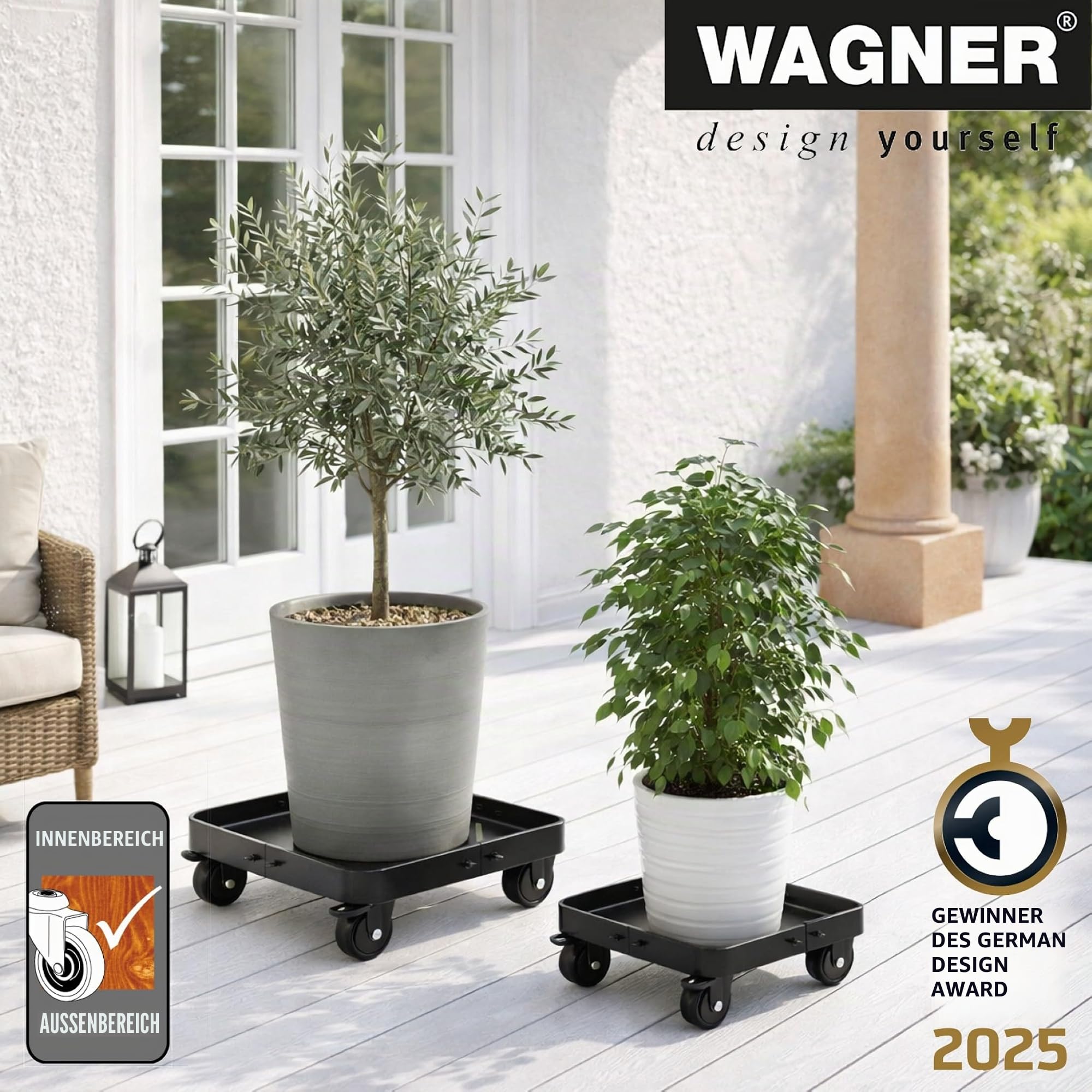 WAGNER Pflanzenroller Sun City Exclusive 40-54 x 13 cm Nutzfläche, stufenlos ausziehbar, Blumenroller für Außenbereich + Innenbereich, Kübelroller Stahl, Tragkraft 200 kg - 20081601