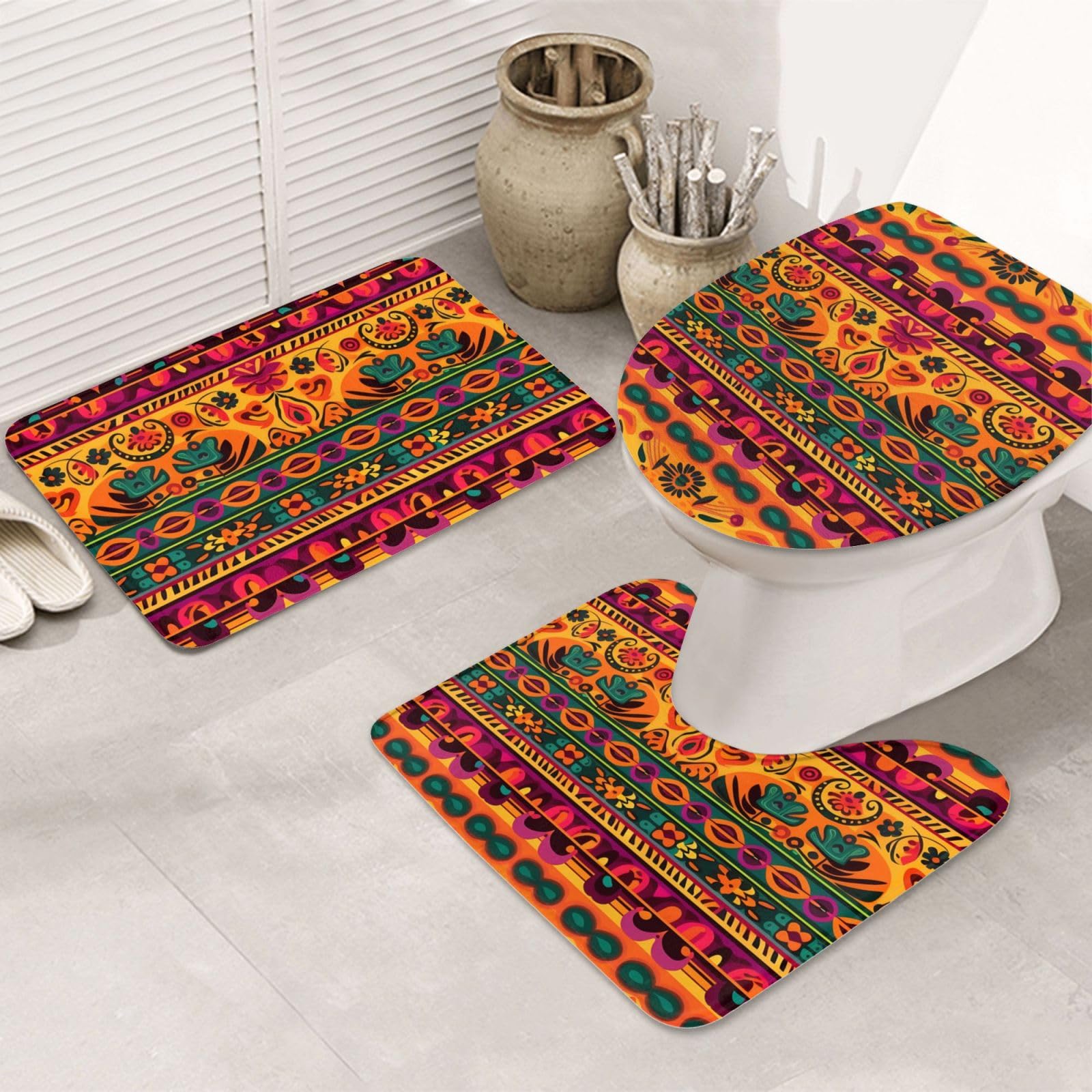 Ensemble tapis de salle de bain 3 pièces art folklorique mexicain