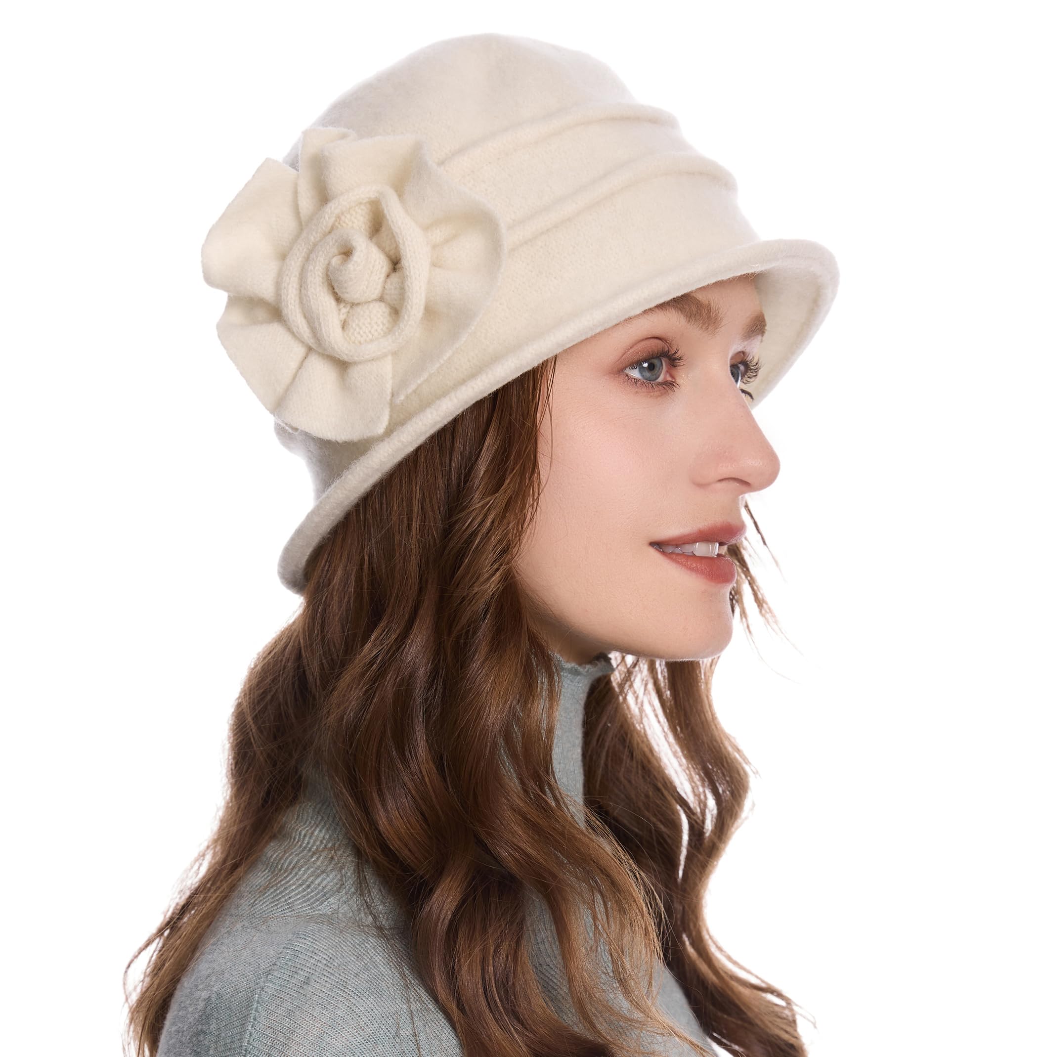 ZLYC Women Wool Cloche Bucket Hat 1920s Vintage Winter Hat with Flower