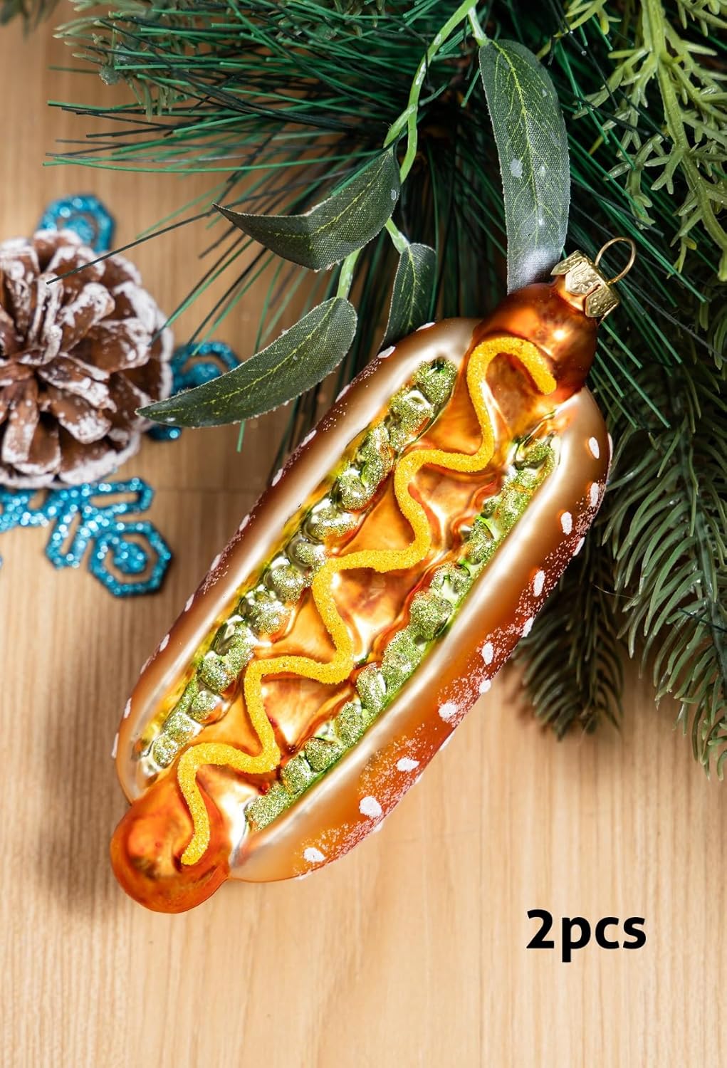 2 Count Glass Hot Dog Christmas Ornament, Blown Glass Hot Dog Ornaments for Christmas Tree - Image 3