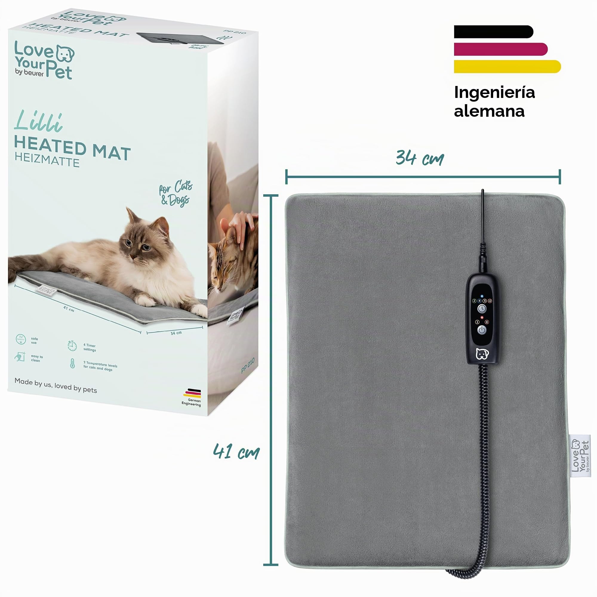 Beurer Love Your Pet Colchoneta térmica Talla S «Lilli» para Perros y Gatos, con Temporizador, Manta pequeña para Perros, Lavable a 30 °C, Resistente a los arañazos y el Agua, 41 × 34 cm