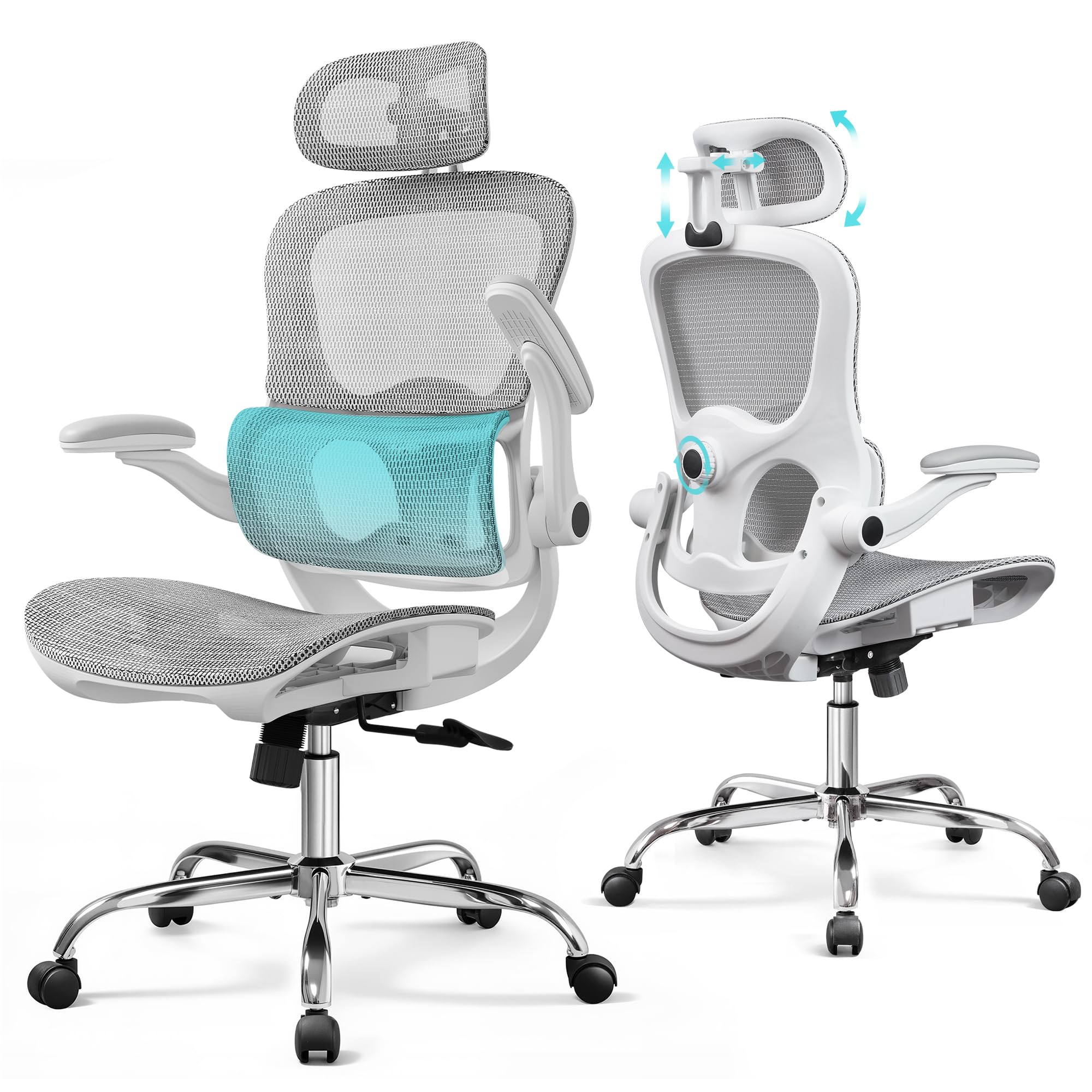 DEVAISE Ergonomic Office Chair with Breathable Mesh Dynamic Lumbar Support, Headrest Adjustable, 3D Armrests, 360° Swivel Mesh Office Chair High Back for Home/Office, Grey