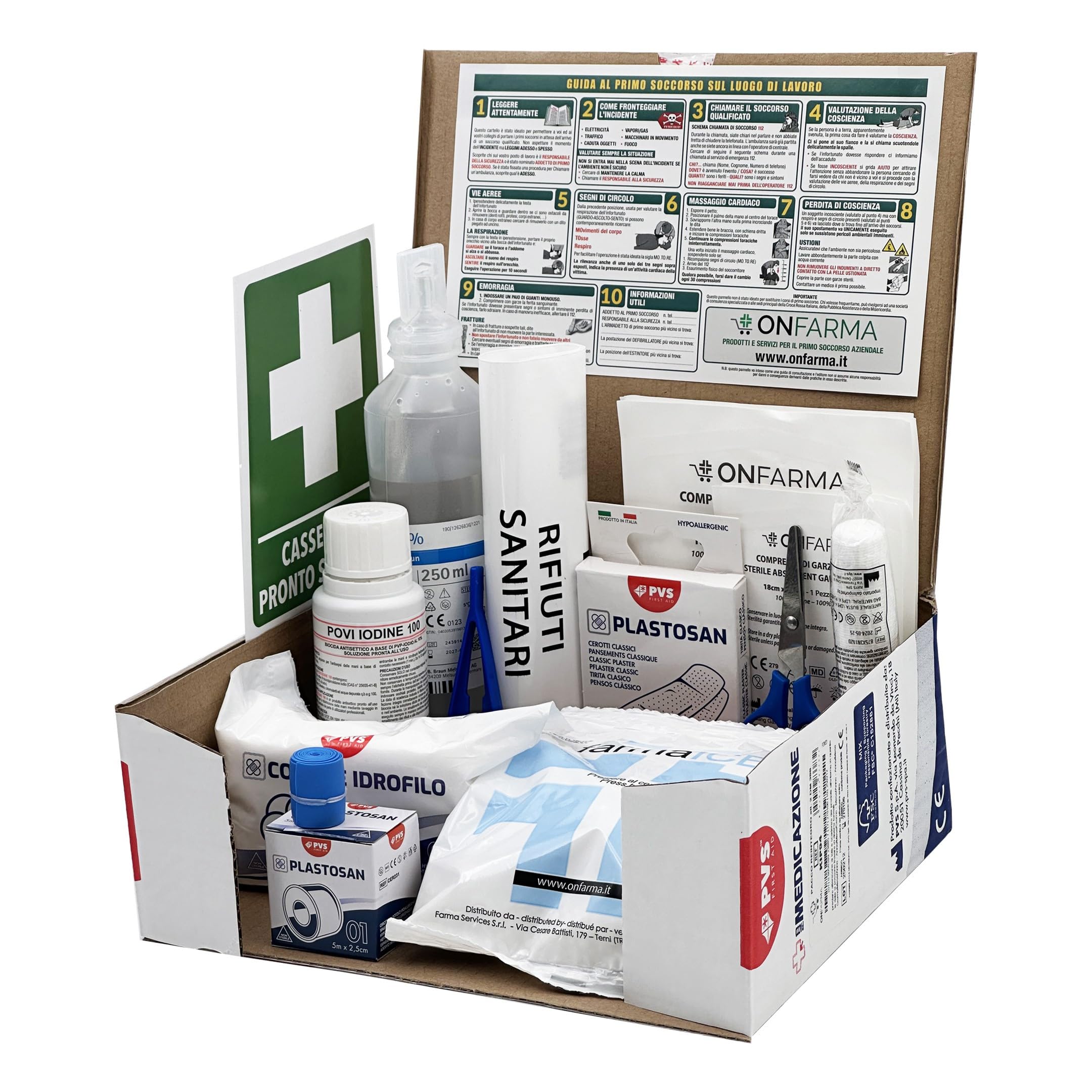 ONFARMA KIT REINTEGRO pronto soccorso pacchetto di medicazione COMPLETO DI CARTELLO PRIMO SOCCORSO conforme DM 388 allegato 2 per aziende fino a 2 lavoratori e mezzi aziendali