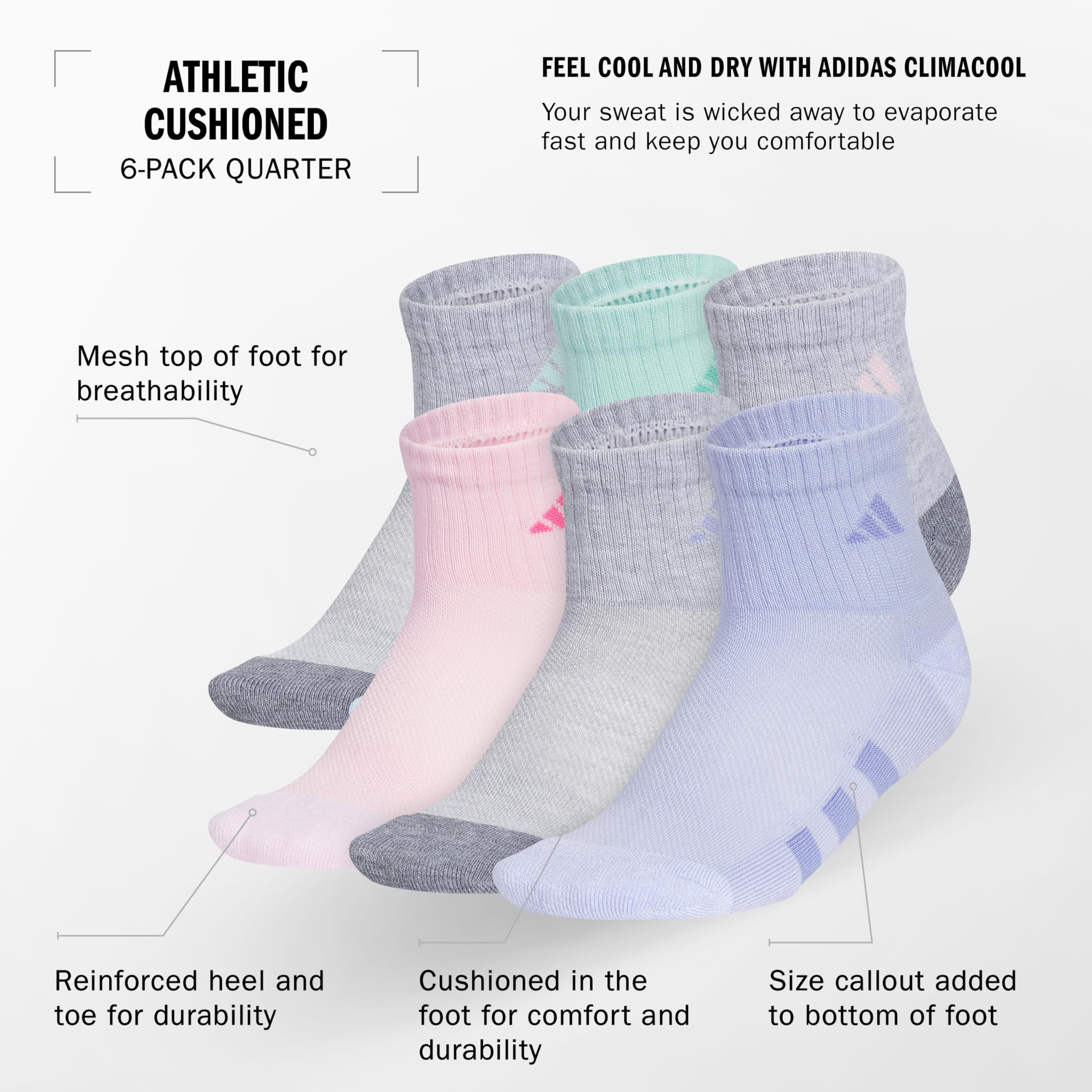 adidas Unisex Kinder gepolsterte Viertel-Knöchelsocken für Jungen und Mädchen (6 Paar), langlebig und bequem