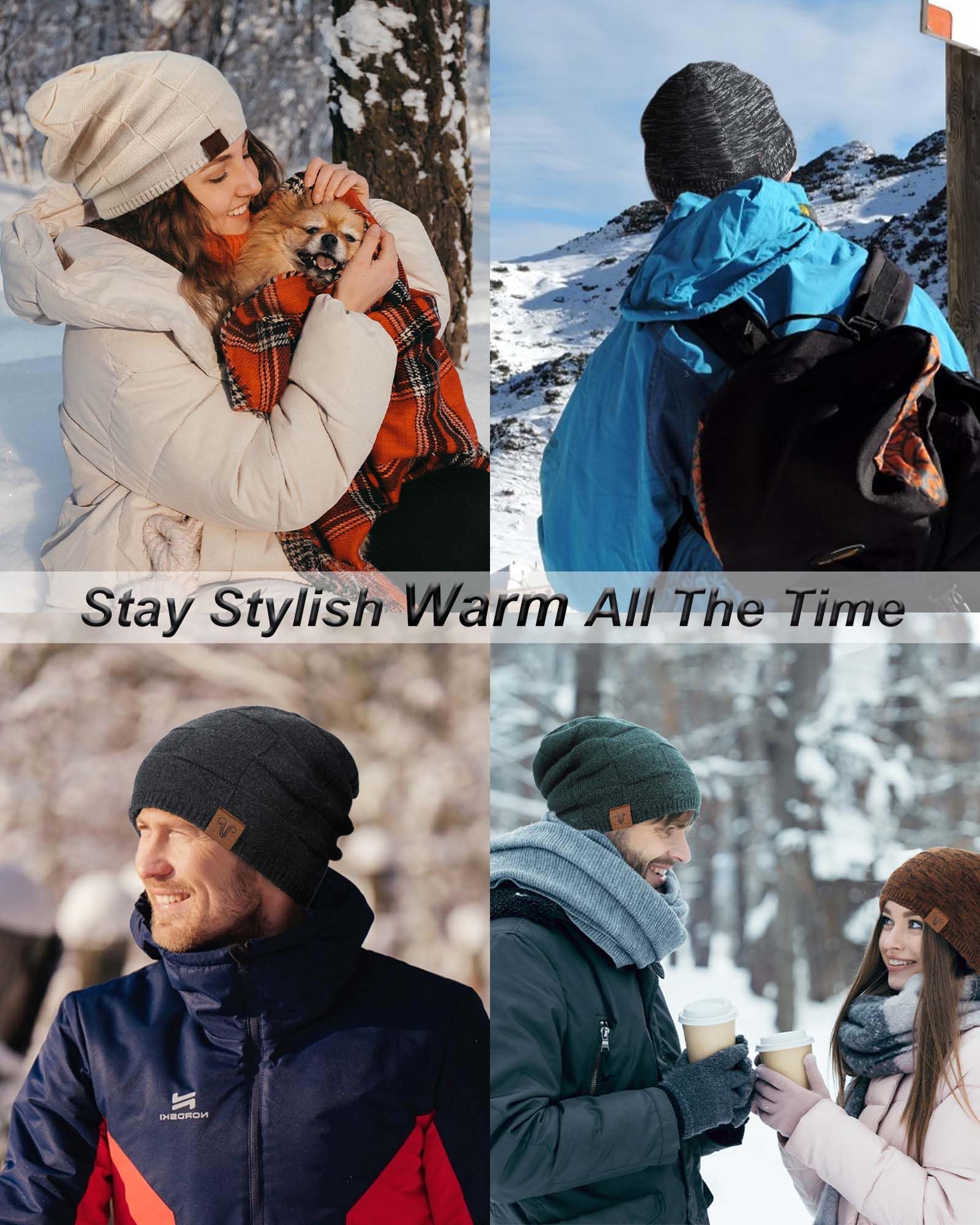 Gorro de invierno de lana con forro de satén para mujeres y hombres, gorro holgado con forro de seda, gorro de punto cálido unisex