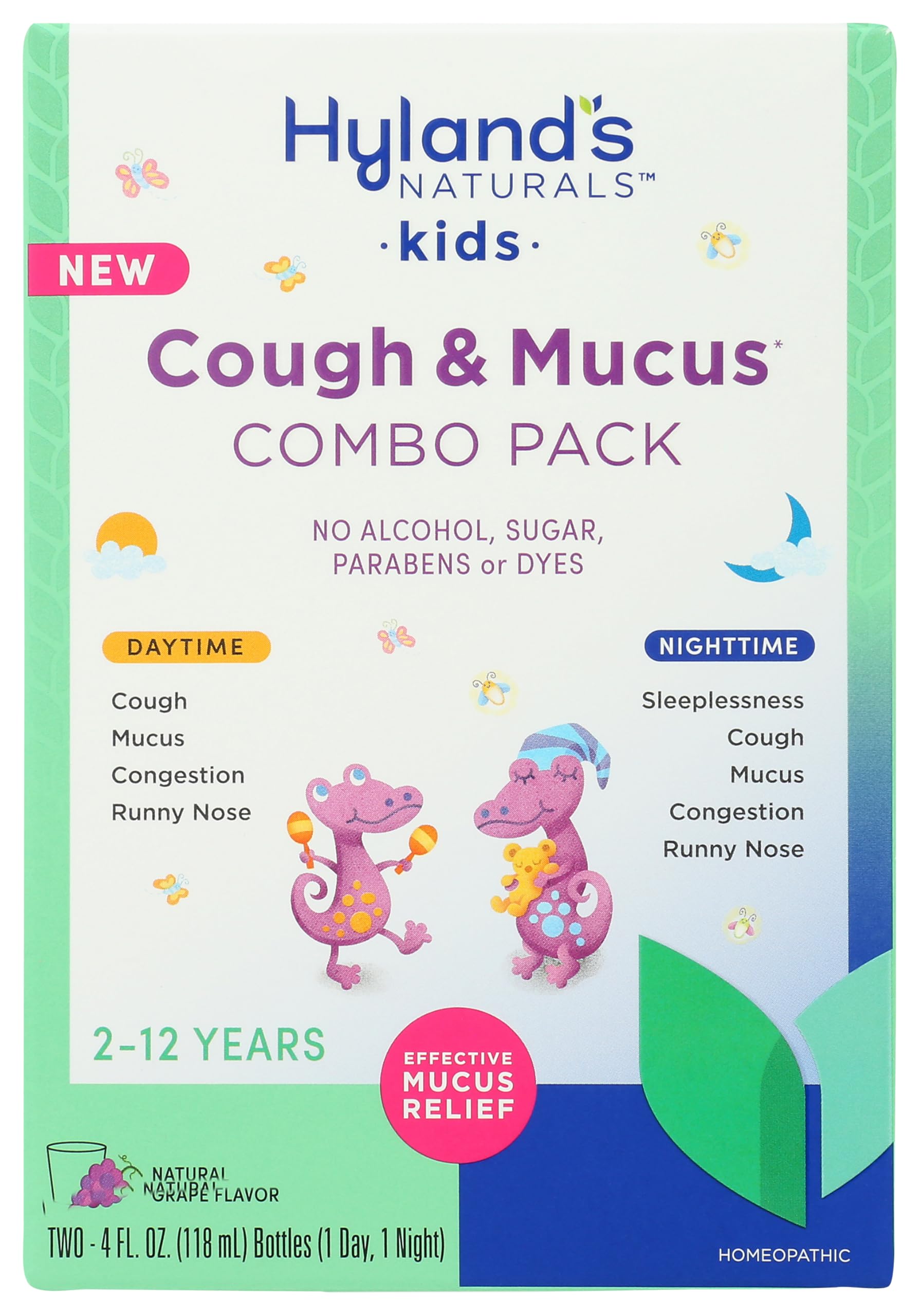 Hyland's Kids Cough Syrup and Mucus Relief Daytime and Nighttime Combo Pack, Kids Medicine for Ages 2-12, Grape Flavor, Promotes Sleep, Cough, Runny Nose, Mucus and Congestion, 8 Ounces