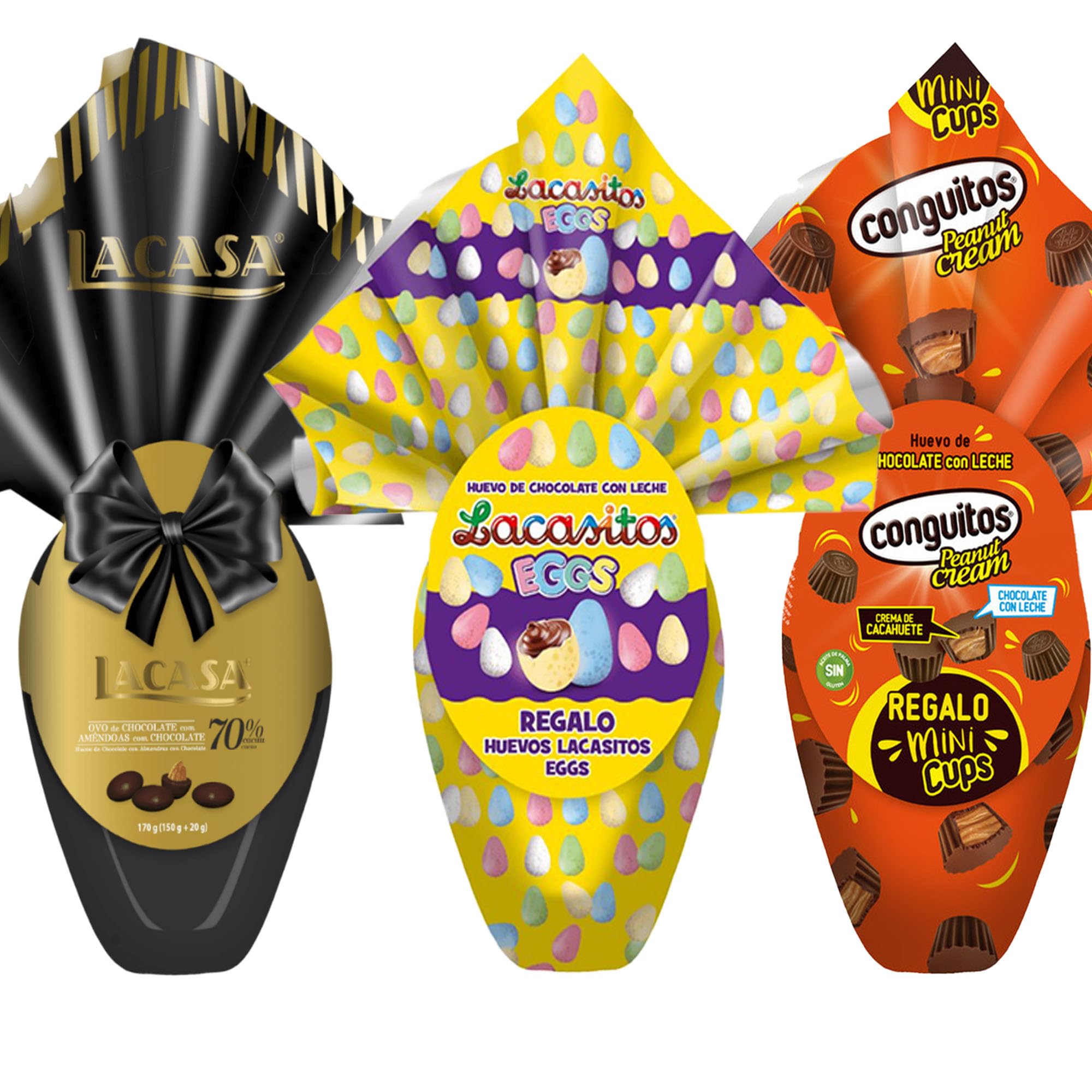 Pack 3 huevos de pascua: Lacasitos Eggs 150 g + 20 g & Lacasa Chocolate 70% cacao 170 g & Conguitos Penaut Cream 150 g + 13 g.