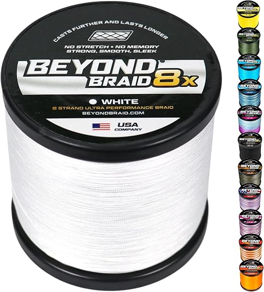 Beyond Braid Braided Fishing Line -Super Strong - Abrasion Resistant - No Stretch -Blue Camo, Moss Camo, White, Green, Pink, Blue, 4 Strand 8 Strand