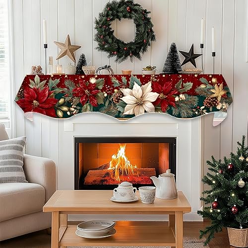 Miniatura 5 de Bufanda de Navidad para chimenea, cubierta decorativa para Navidad, invierno, mantel superior (flor de pascua con borde dorado, 70 pulgadas de largo