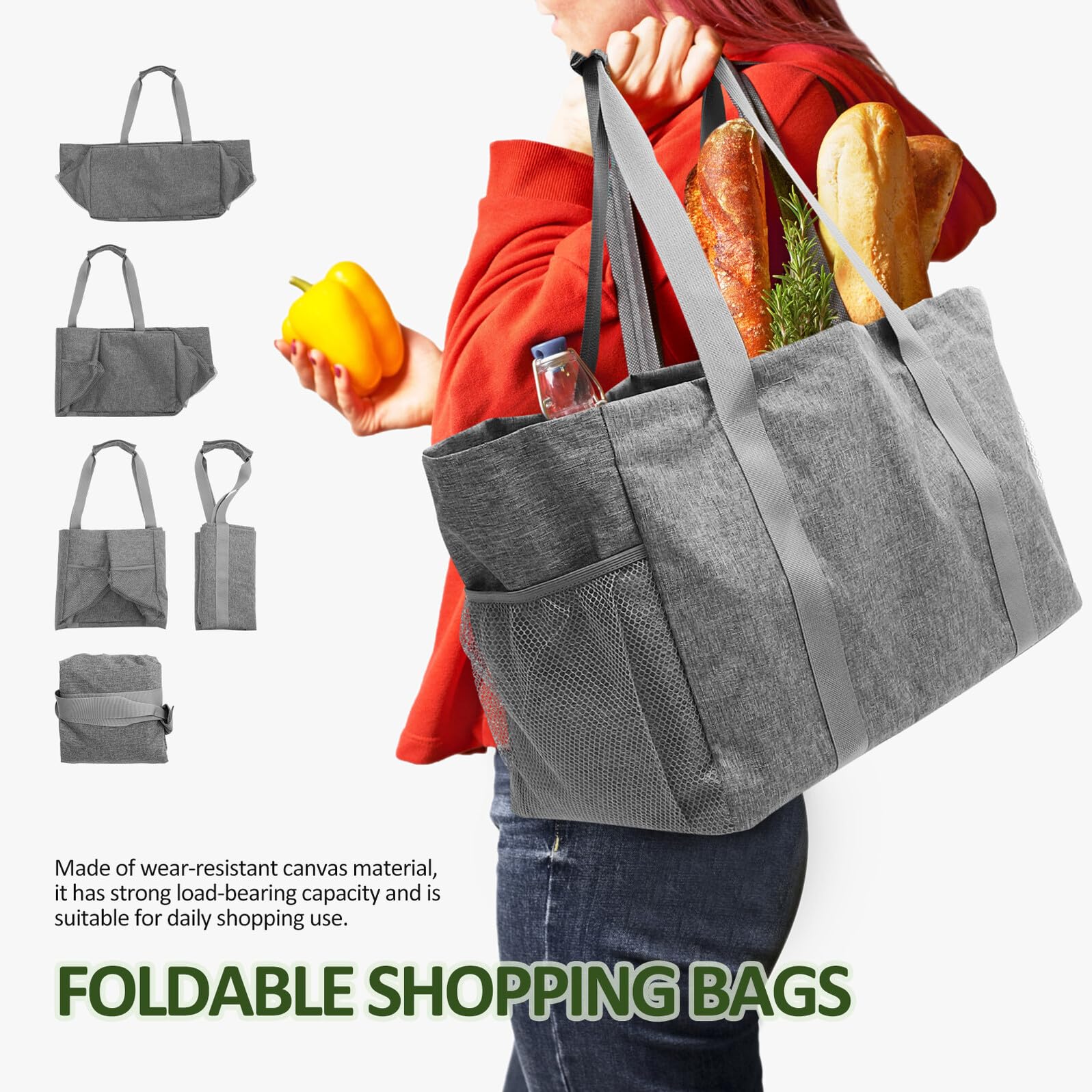 Angoily Bolsa Compra Plegable Gris de Gran Capacidad 455X255X305 CM con Asas Reforzadas y Bolsillos Interiores para Uso Diario Picnic y Viaje