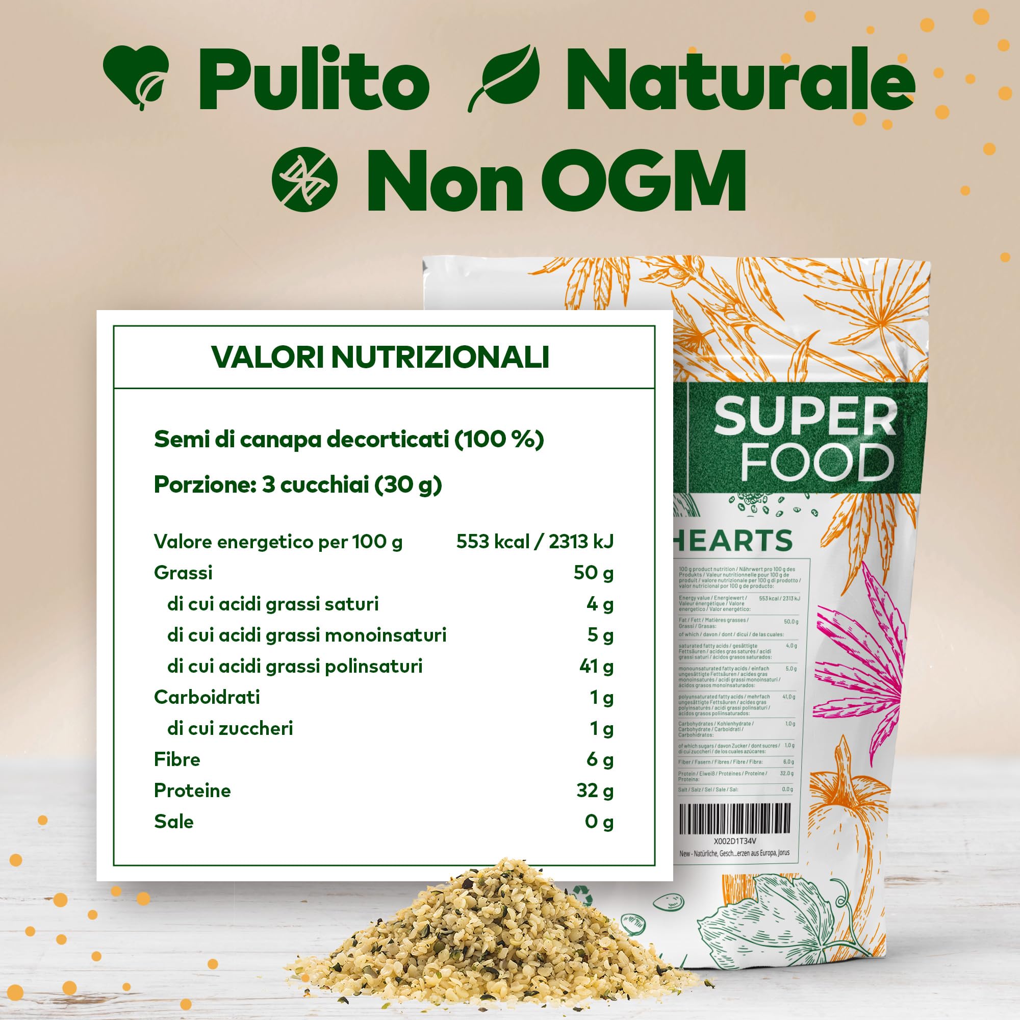 Jorus Semi di Canapa Decorticati 500 g – 100% Naturali, Ricchi di Proteine e Omega 3 e 6, Senza Glutine, Vegetariano