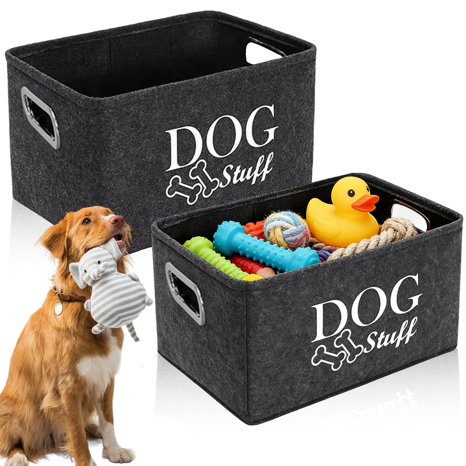 Lcfvofu Grey 38*27*25Cm Dog Toy Box, Felt Collapsible Dog Items Storage Basket, Large Toy Basket For Dogs Clothes, Leashs, Bowls, Bath Towel, Hair Combing Tool