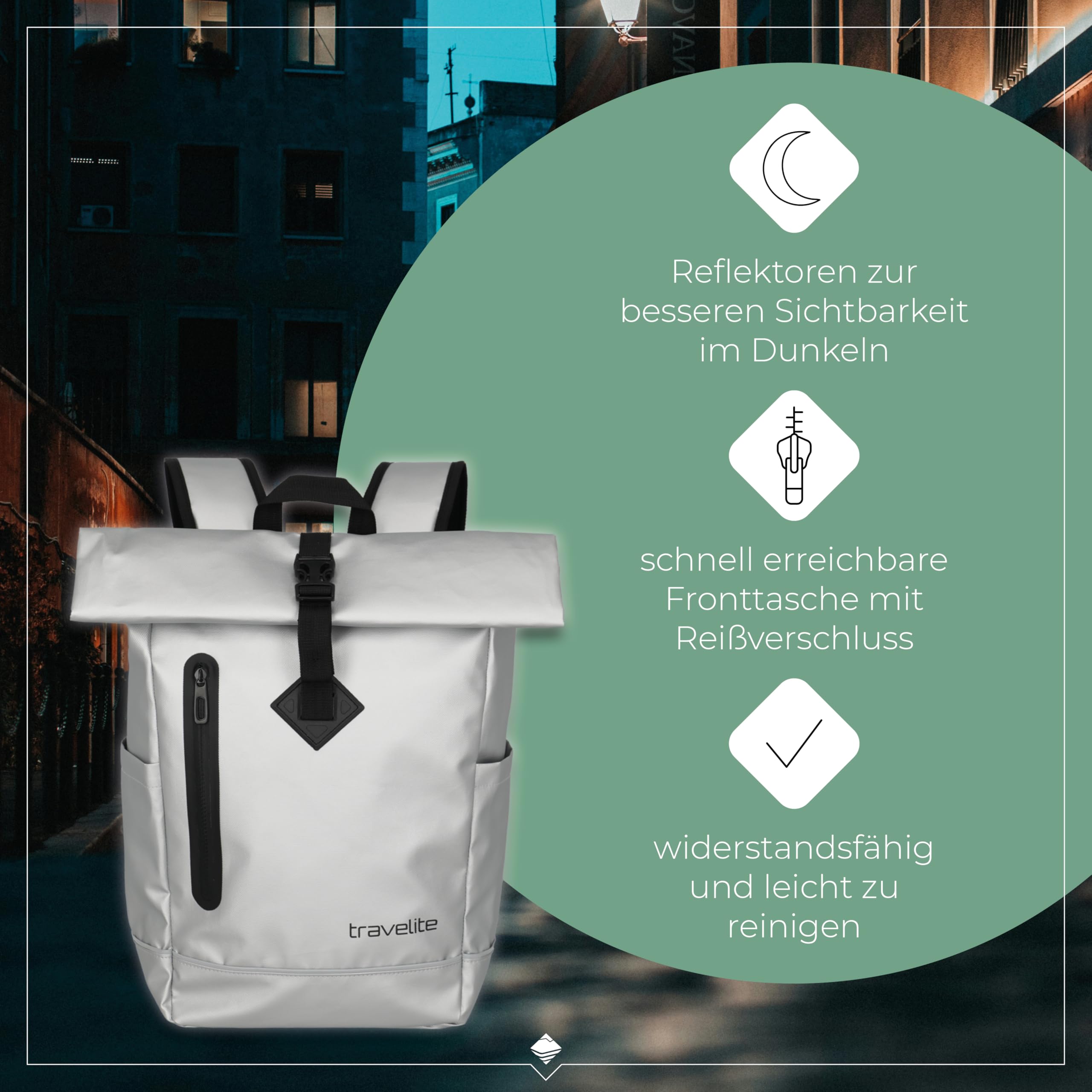 Travelite Rolltop Rucksack wasserfest, Fahrradrucksack, Freizeitrucksack mit Rolltop Verschluss & Reflektoren, BASICS, 48 cm, 19 Liter