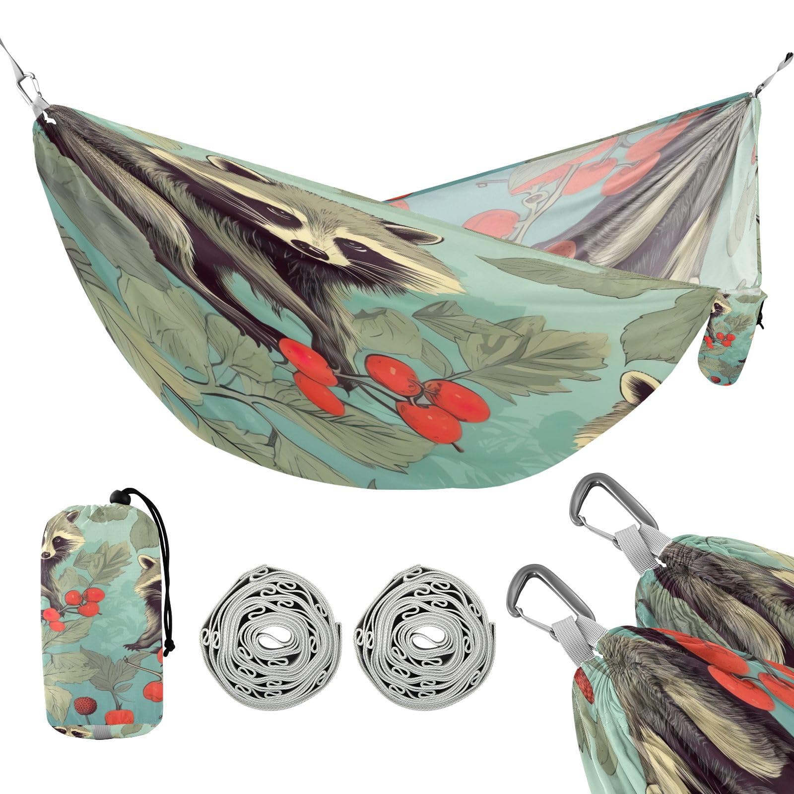SDMKA Cute Raccoons Camping Hammock, 330 lbs with 2 Tree Straps, Carry Bag, Single Portable Hammock for Outdoor/Indoor, Hiking, Beach, Backpacking, Travel