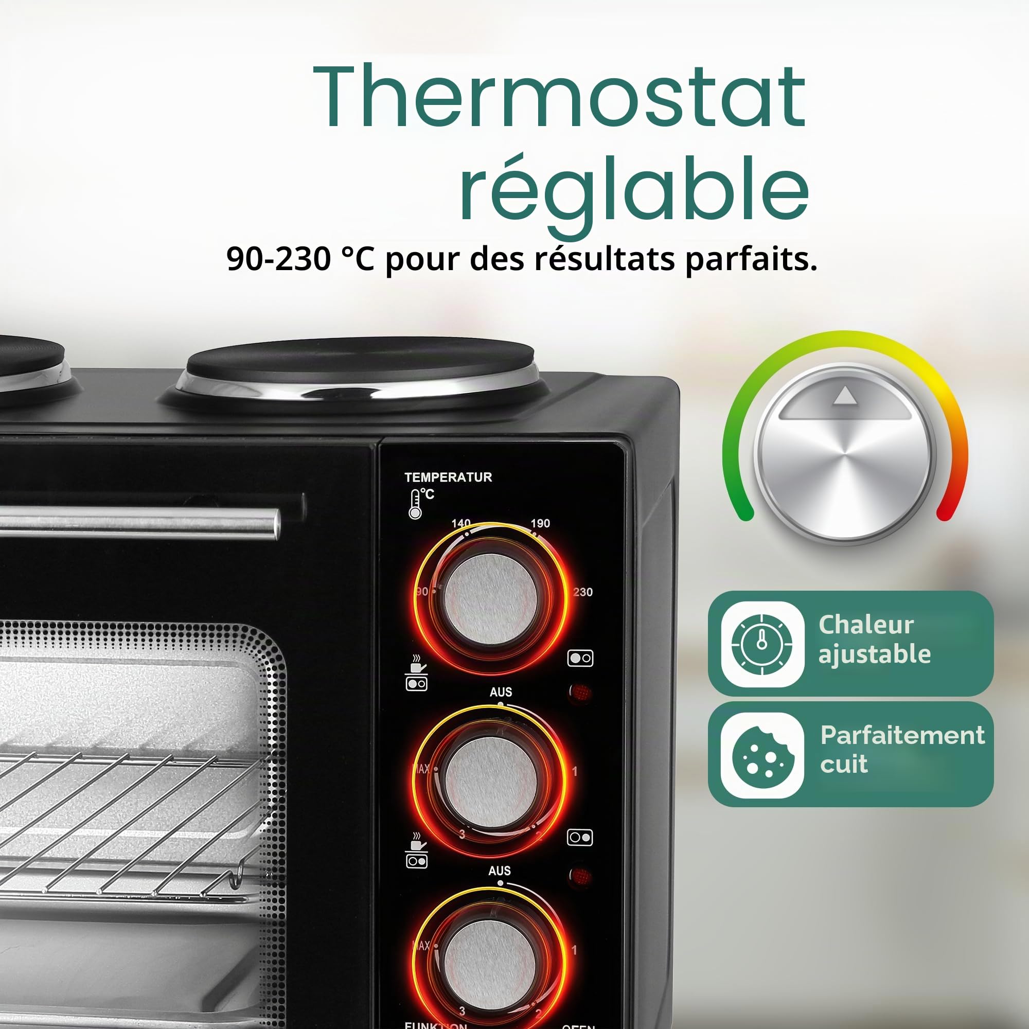 EMERIO MO-125236.4 Four de 32 litres + 2 plaques de cuisson | Chaleur tournante + chaleur de voûte et de sole | Minuterie + régulateur de température | Plaque de cuisson et grille de cuisson | Four de
