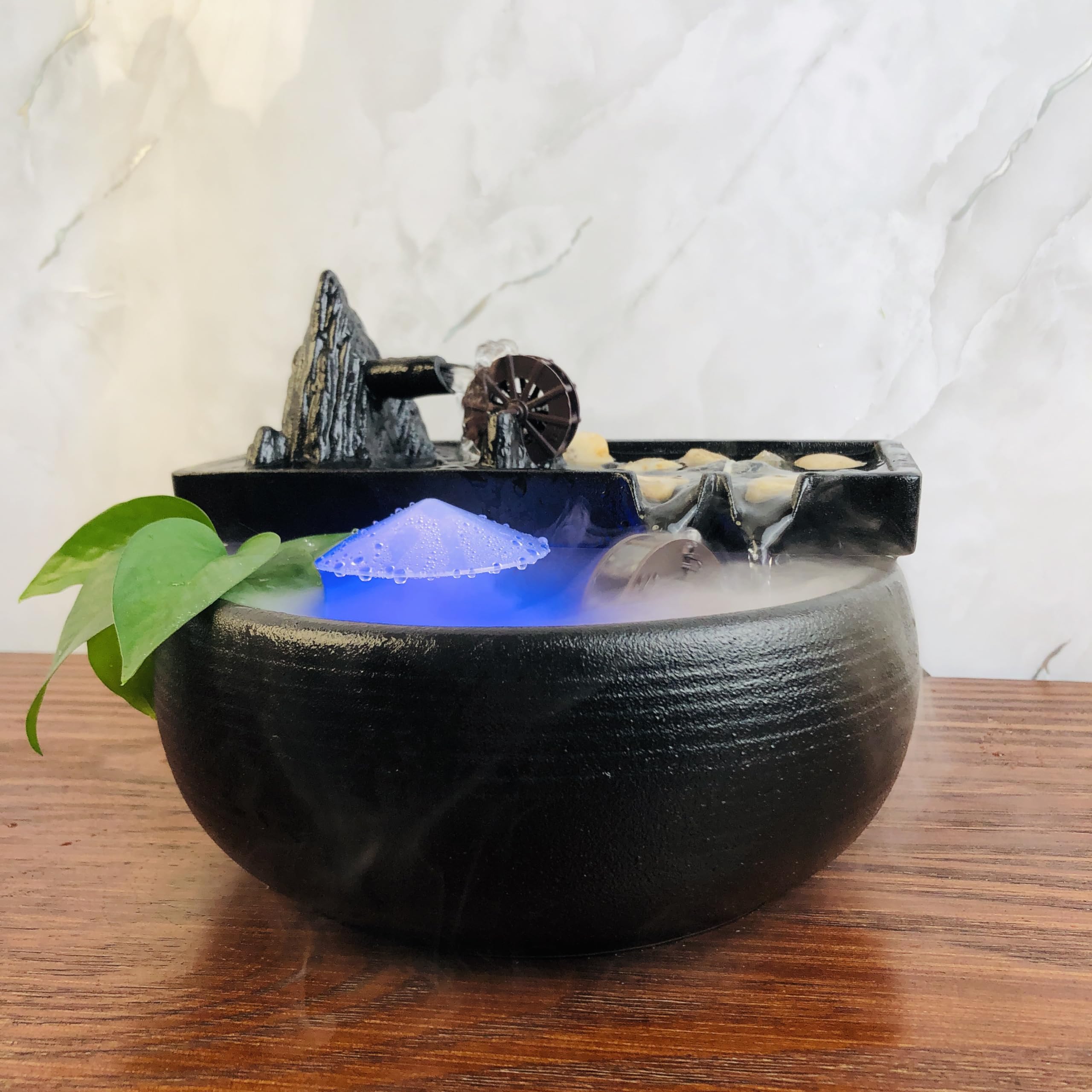 Fuente Decorativa de jardín, Fuente de Agua con Cascada, de cerámica, con iluminación LED, Efecto de Niebla, Bomba de Agua, Zen Estilo japonés, decoración para Escritorio, jardín, Negro