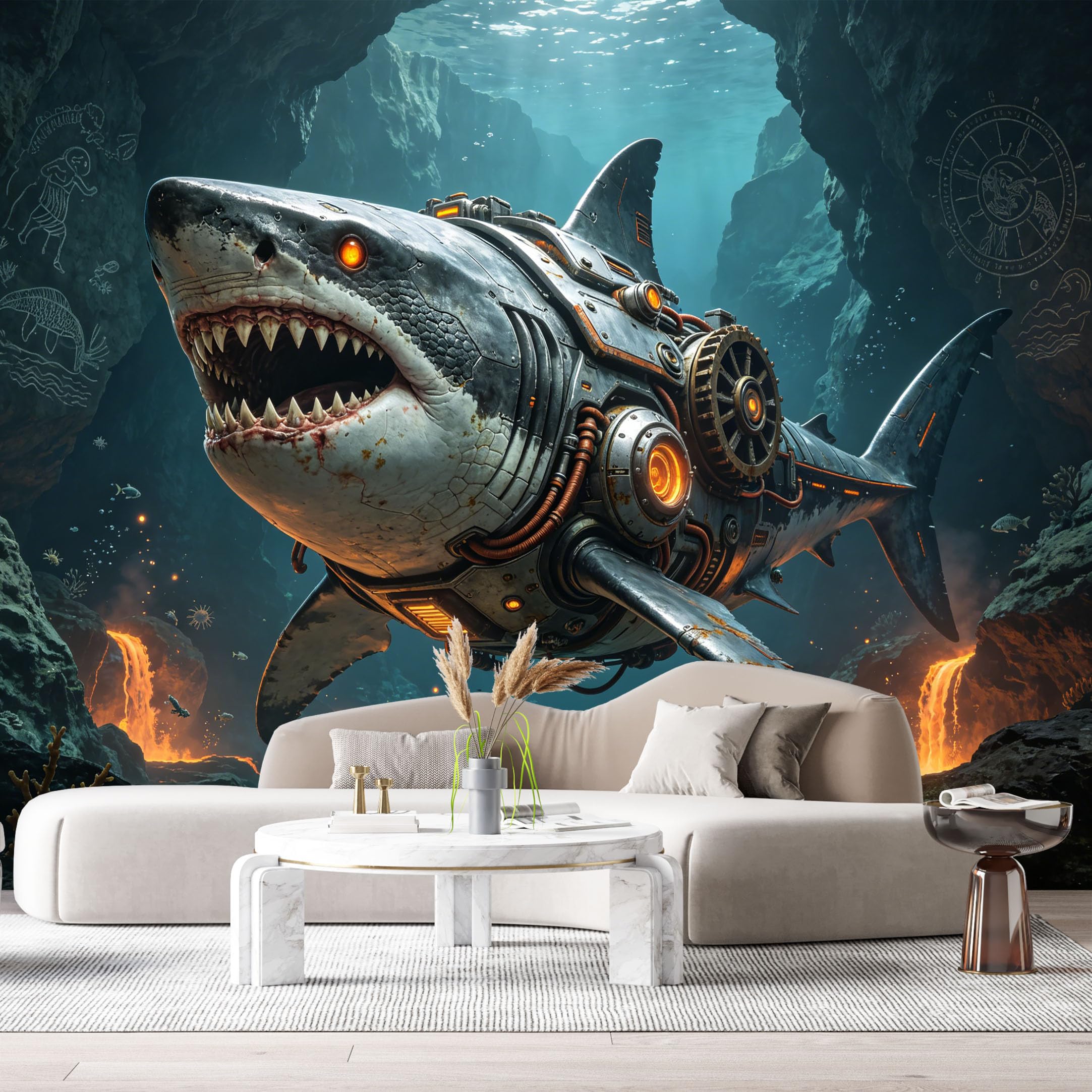 Custom Size Wall Mural Mechanical Aquatic Predator Deep Sea Steampunk Ocean SciFi Submarine Mech Future Armor SelfAdhesive Art Prints Removable Large Wallpaper Esports Game Tenant Room
