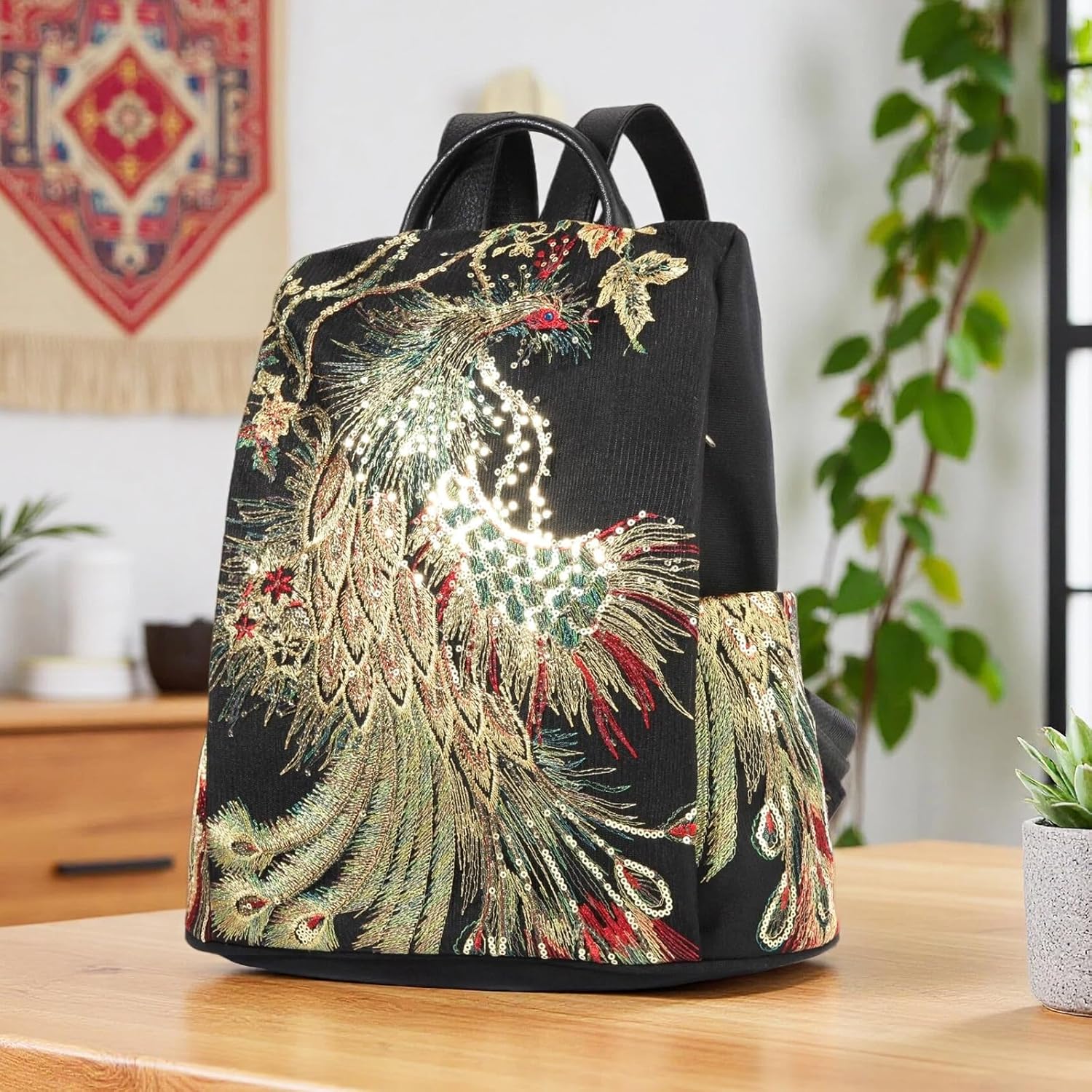 Jursccu Glitter Embroidery Women Backpack Purse, Fashion Canvas Travel Anti-theft Rucksack Shoulder Bag (Black) - Image 2
