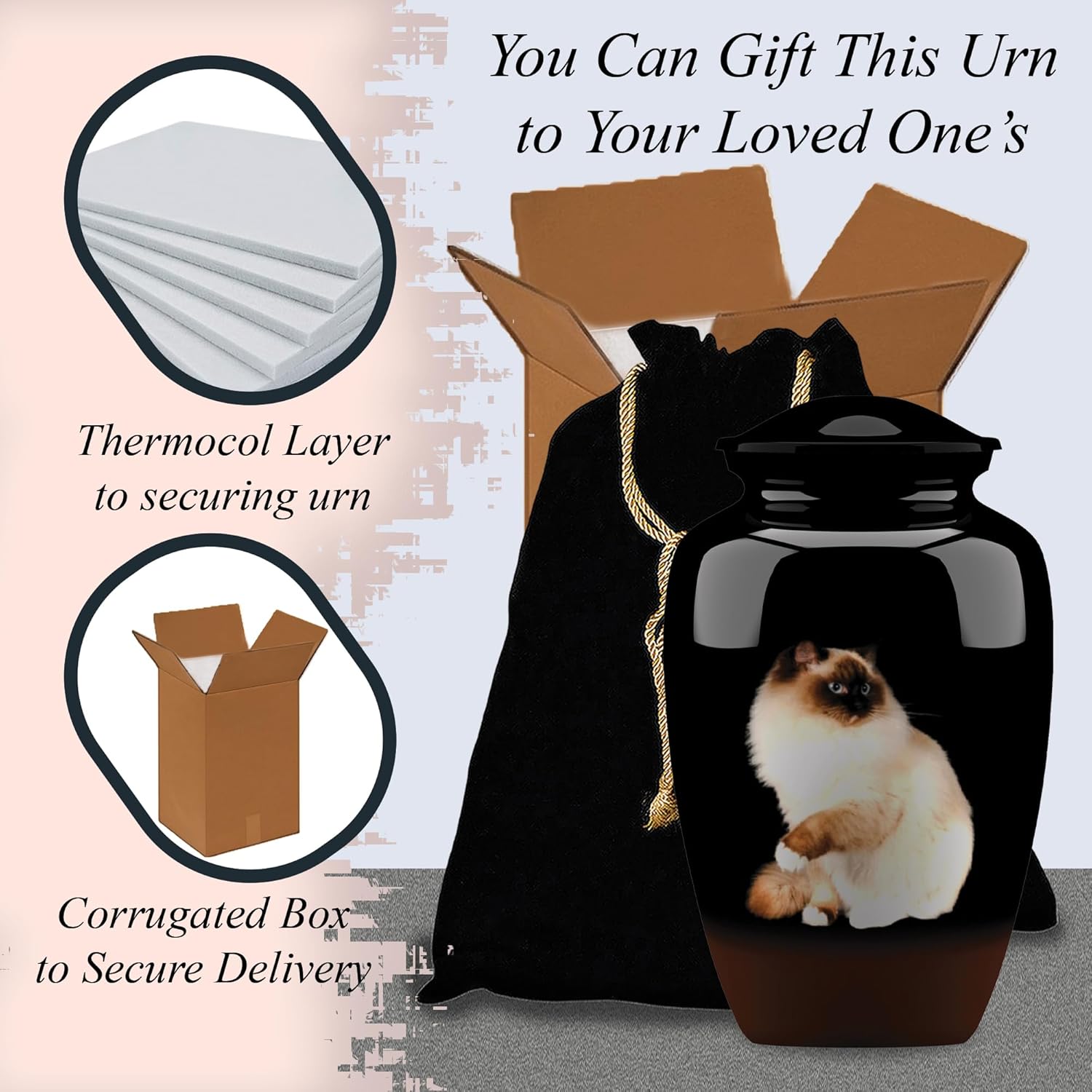 Forever URNS Adult Cremation Funeral Urn with Printed Sitting Cat Theme for Human Ashes of Female & Male | 200 cu in | Large | Black | Completely Handcrafted with Velvet Protection Bag