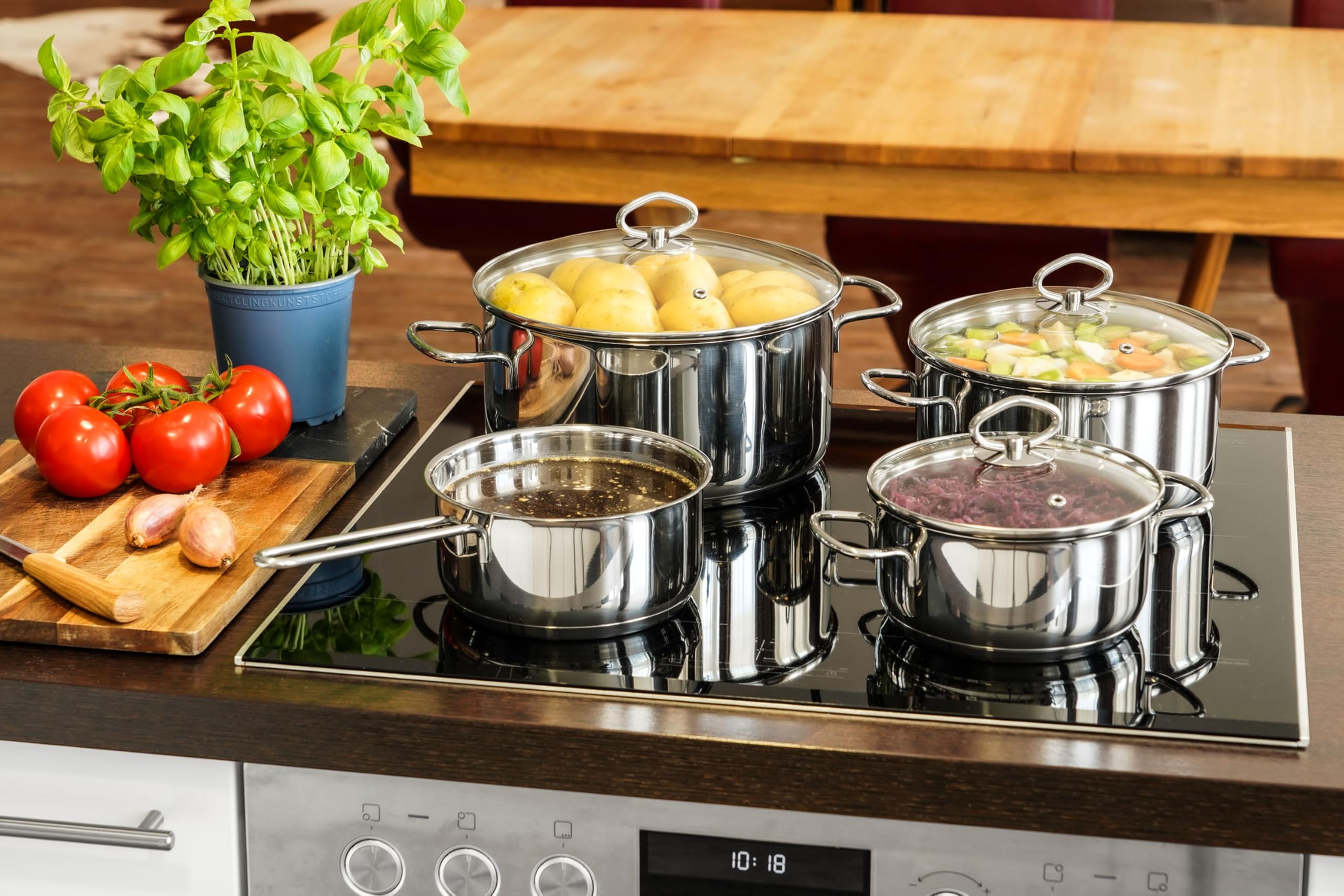 Kopf Topfset Merkur aus Edelstahl - Induktionstöpfe mit Schüttrand, Literskala und Glasdeckel – 4-teilig