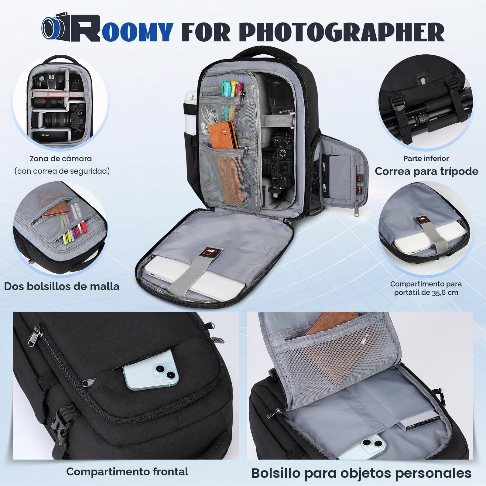 RAINSMORE Mochila para Cámaras de Fotógrafos Mochila Fotografia Profesional para Portátil 14 Pulgadas, Camera Bag con Funda Impermeable para DSLR Canon Nikon Sony Negro