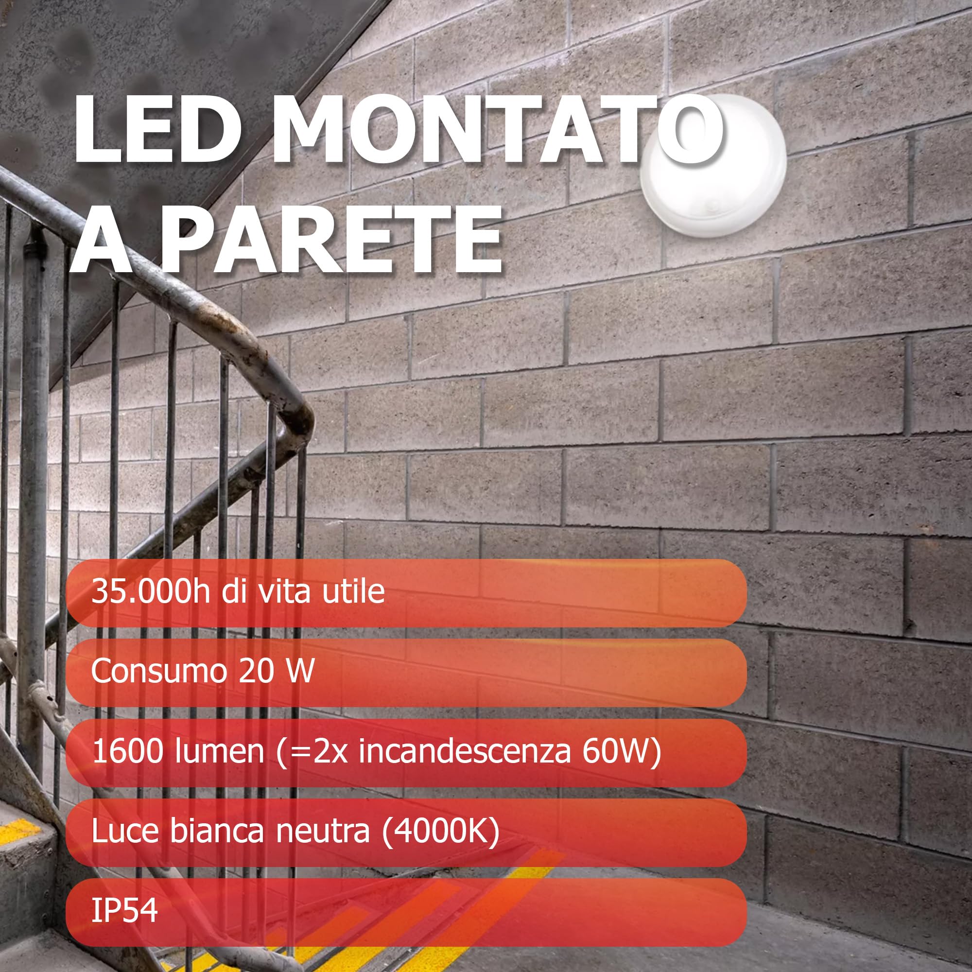 PILA Applique LED per interni ed esterni, diametro 22 cm e altezza 8,8 cm, luce bianca neutra (4000K), bianco, 20W, non dimmerabile, 1600 lumen, CRI80, IP54, IK06, 35.000 ore di durata utile