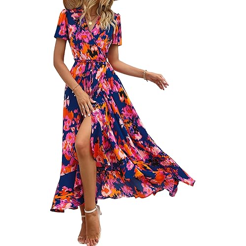 PRETTYGARDEN Womens Summer Wrap Maxi Dress Casual Boho Floral V Neck Short Sleeve Ruffle Hem Split Beach Long Dresses