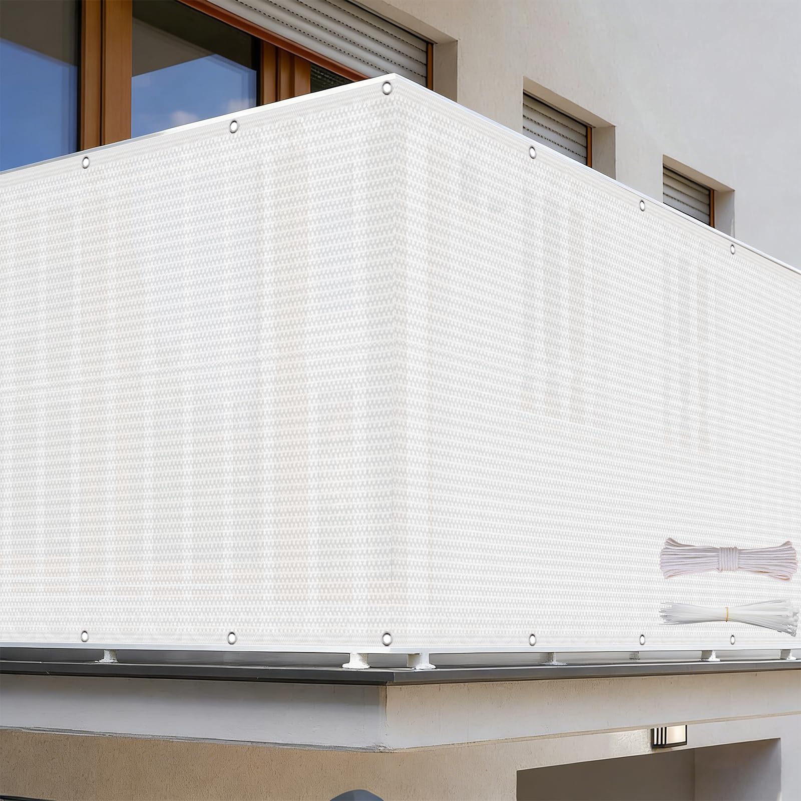 Brise vue balcon occultant contre le vis-à-vis, pare-soleil blanc en HDPE avec attaches