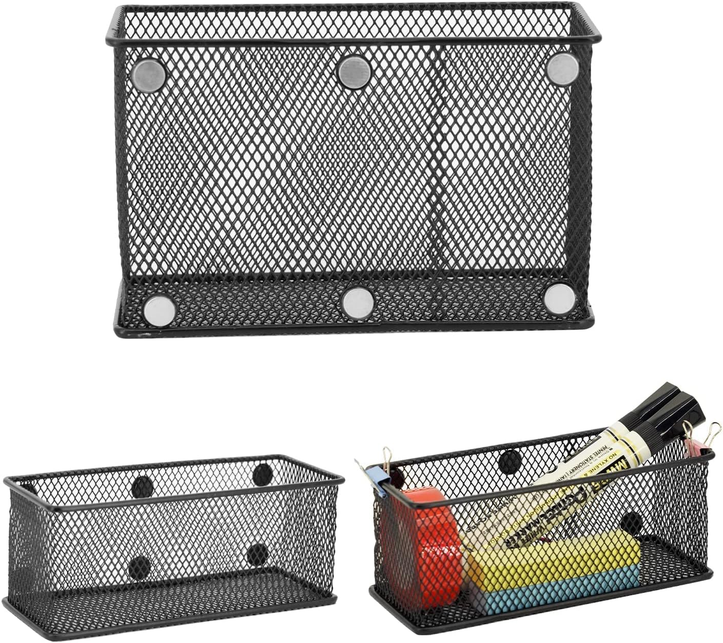 Neudeco Locker Shelf Organizer, Magnetic Pencil Holder, Metal Storage Basket for Whiteboard, Refrigerator, Ideal Cabinet for School, Black (Pack 3M)