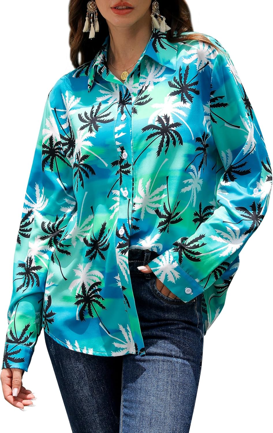 Womens Long Sleeve Hawaiian Shirts V Neck Button Down Floral Printed Shirt Trendy Boho Casual Blouses Tops - Image 2