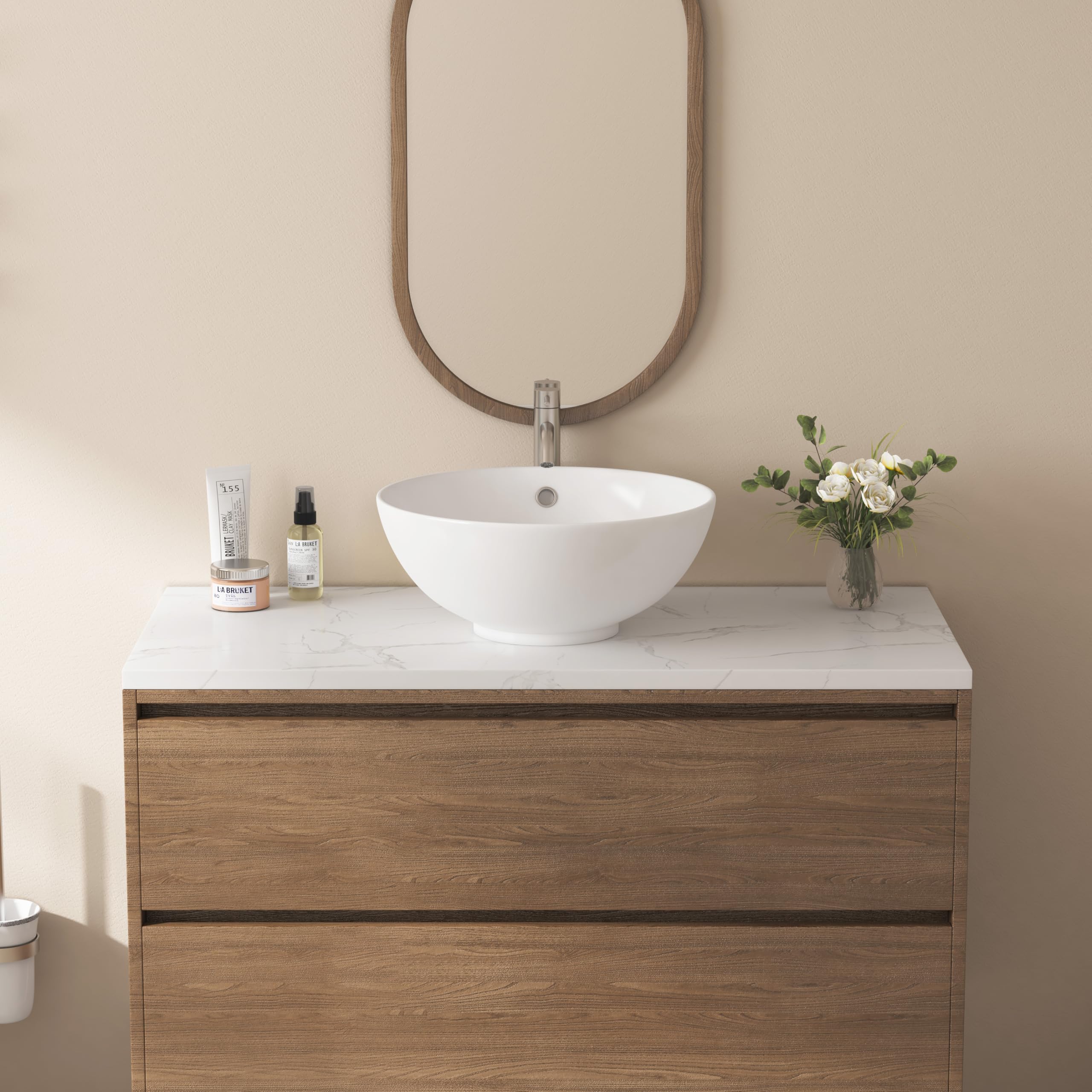 Eridanus Fregadero redondo con agujero de desbordamiento, lavabo de cerámica para encimera de baño, lavabo de porcelana vítrea para lavabo, baño, tocador, blanco brillante, 430 x 430 x 180 mm